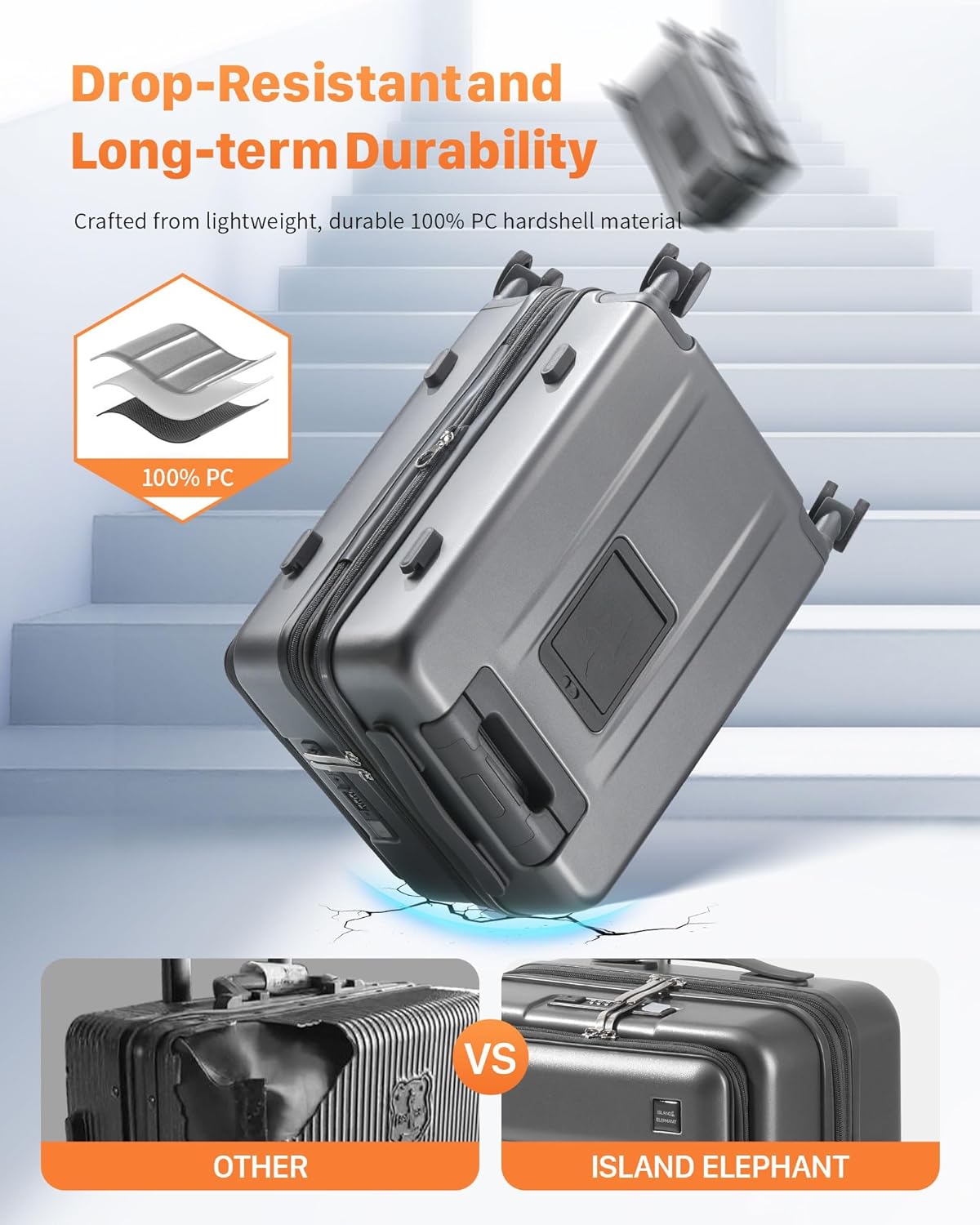 Expandable 20Inch Carry On Luggage Airline Approved - Front Pocket Travel Suitcase 100% PC Unbreakable -with Cup Holder,USB Charge,Side Pothook, 360°Spinner Wheels, TSA Lock-Grey - Image 5