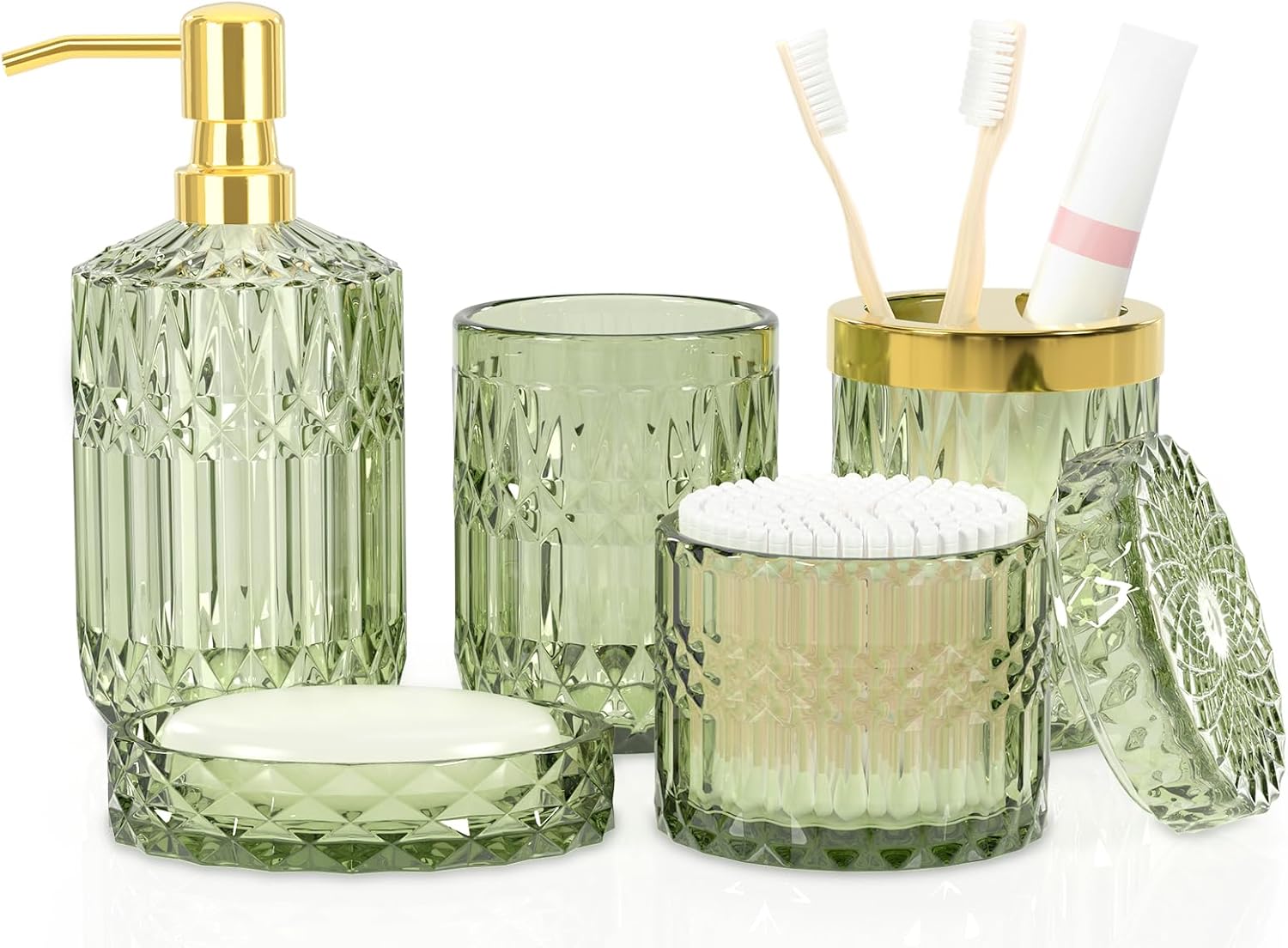 Premium Green Glass Bathroom Accessories Set (5PCS), Glass Soap