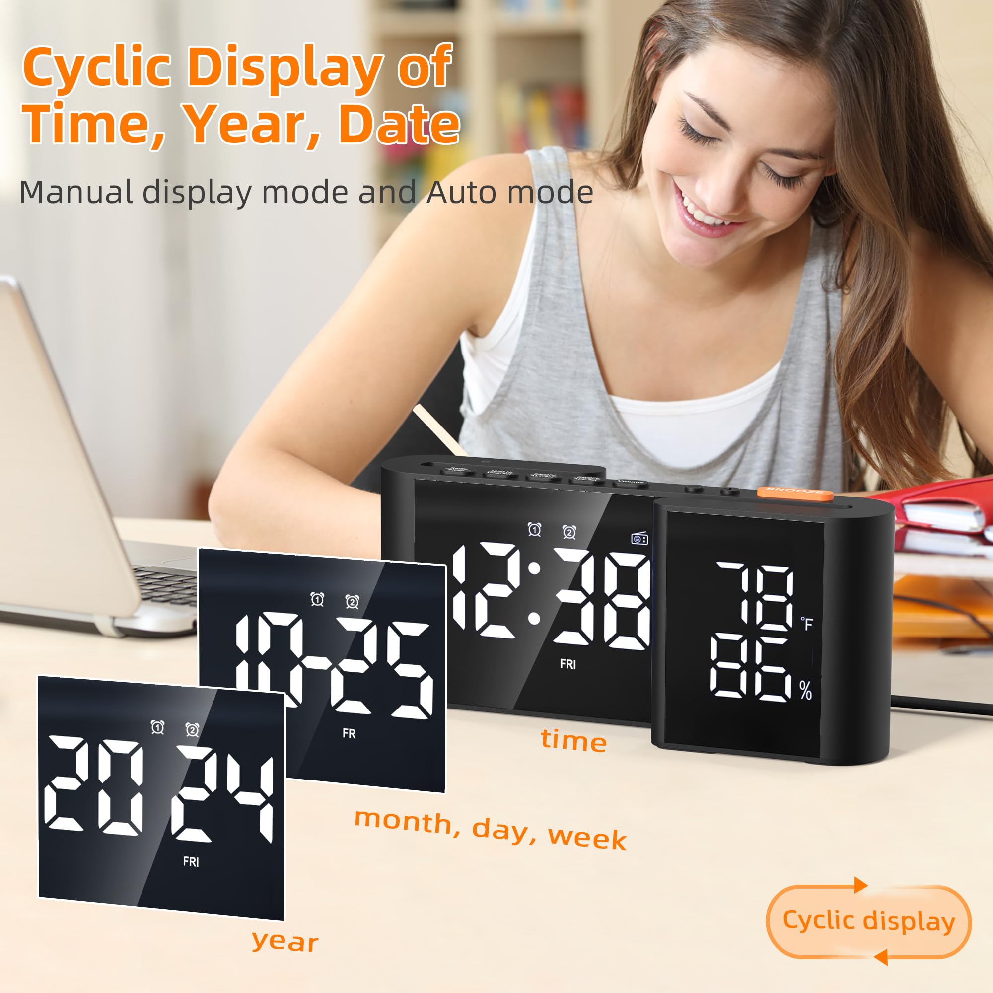 Réveil Numérique Horloge Radio avec Affichage Température et de l'humidité 15 Niveaux Volume Luminosité Réglable Noir-Blanc