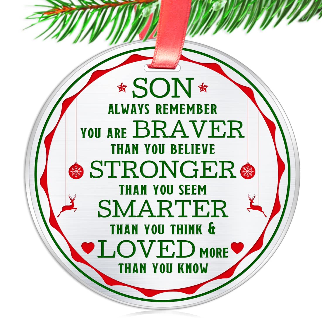 Elegant Chef Ozdoba świąteczna dla syna - 'Always Remember You are Braver' Stronger Smarter' – motywacyjny i inspirujący prezent od mamy taty – dekoracja świąteczna – płaska stal nierdzewna 7,6 cm