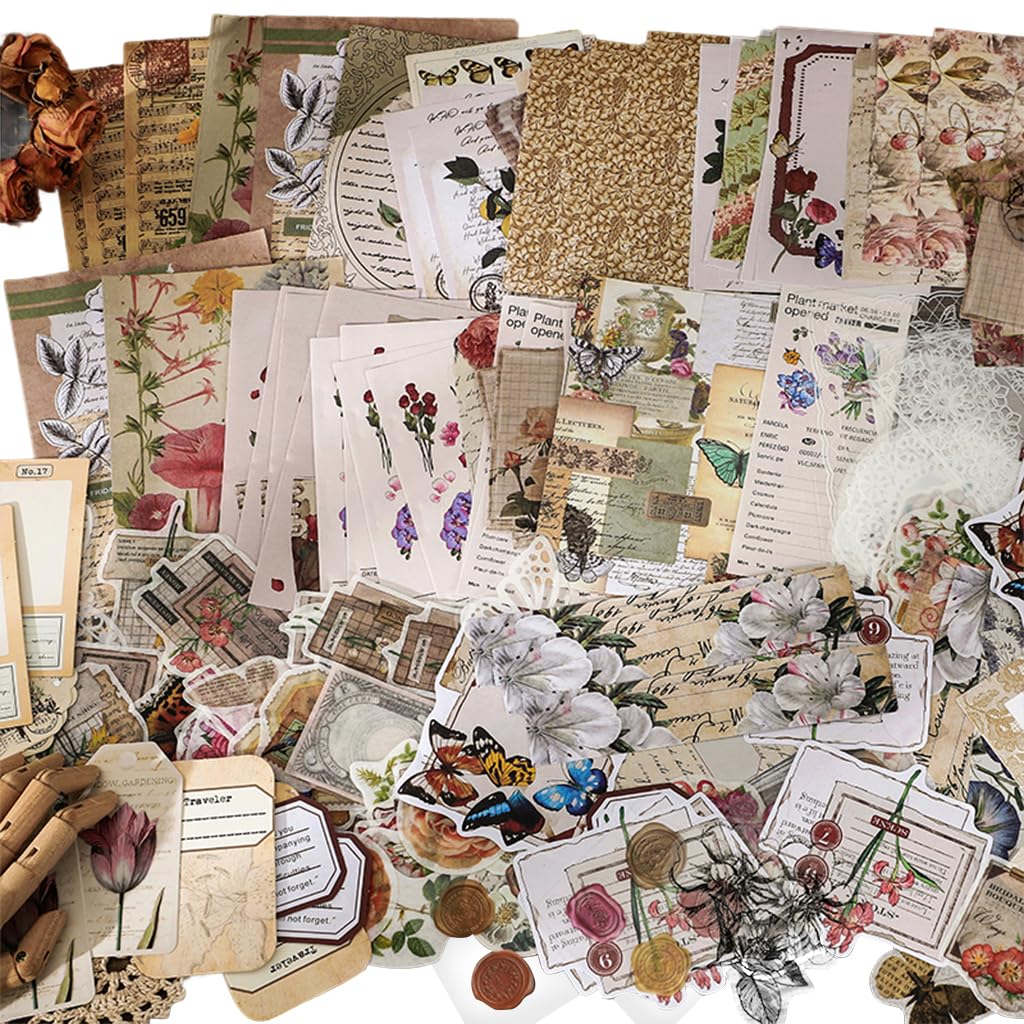HASTHIP® 260Pcs Sheets Vintage Journaling Supplies, Scrapbook Paper Kit Aesthetic Floral & Vintage Elements, Washi Tape, Stickers, Material Papers, PET Stickers for Junk Journals Planner Retro Craft-image-34