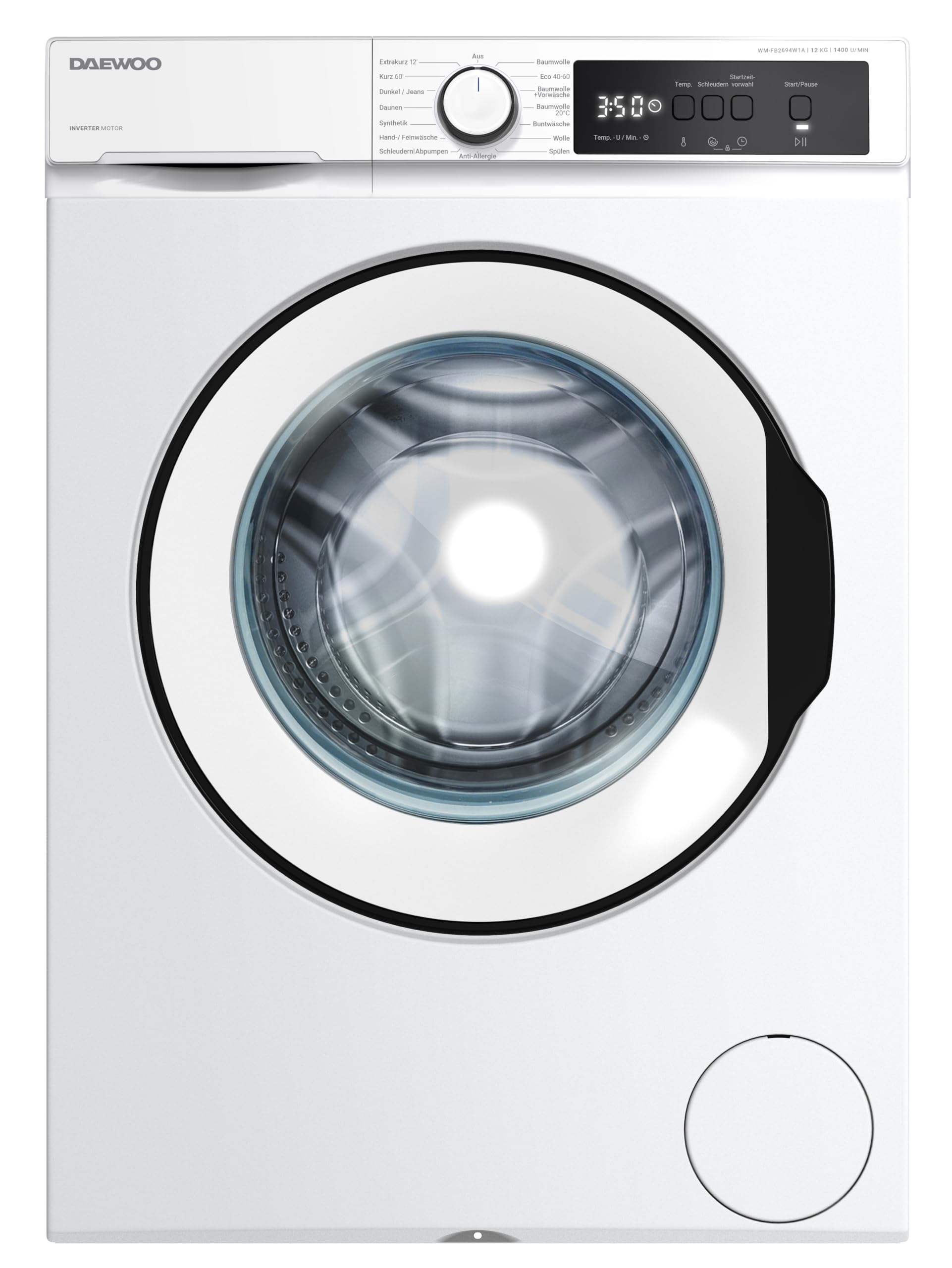 Daewoo WM-FB2694W1A-DE Waschmaschine Frontlader, 12 kg, 1400 U/min., Energieeffizienzklasse A, InverterMotor, Allergy Safe-Programm, AquaStop, Weiß