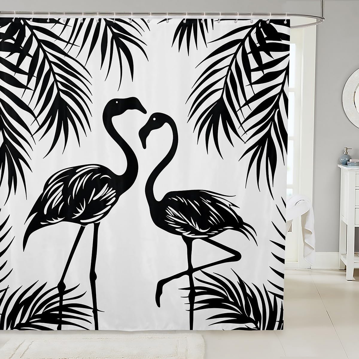 Erosebridal Cute Flamingo Waterproof Bathroom Curtain Black and White Bath Curtain, Palm Tree Leaves Shower Curtain Jungle Animal Bathtub Decor, Tropical Woodland Wildlife Shower Curtain Set