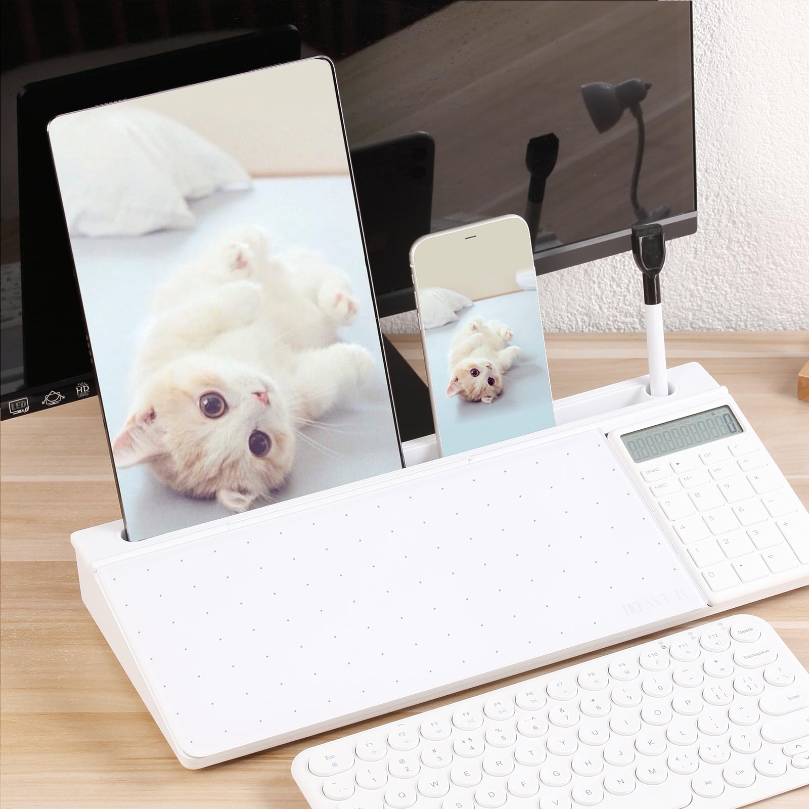 DEWUR Tableau Blanc en Verre pour Bureau - Support pour Téléphone Portable, Tablette et Clavier - Organiseur de Bureau avec Accessoires pour la Maison