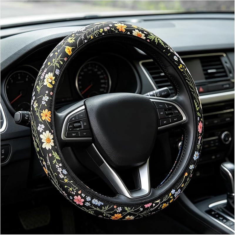 Wildflower Car Steering Wheel Cover, 14.5-15 Inch Breathable Ice Silk Auto Steering Wheel Protector, Non-Slip Wheels Cover Interior Decor for Most Vehicles, Car Accessories