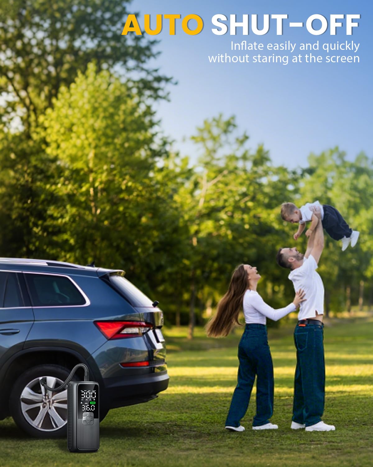 Tire Inflator Portable Air Compressor, Electric Air Pump for Car, Motorcycle, Bike, Balls with Tires Pressure Gauge, 150PSI Air Compressor Portable, Tires Pump with LED Light & Auto Shut-Off