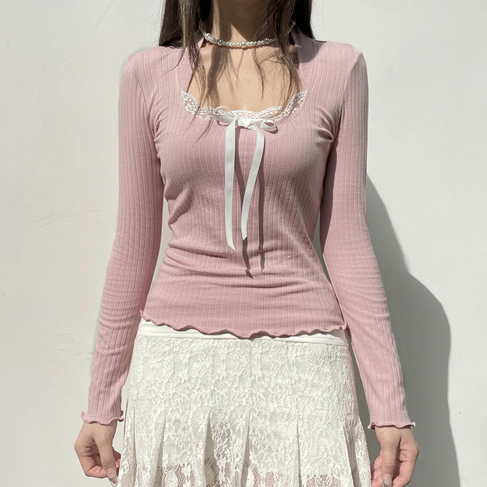 Estilo Suave y Dulce Corbata de Empalme de Encaje Pajarita Cuello Cuadrado Top Rosa niña Encaje versátil Mangas largas-07827 Rosa Claro-S