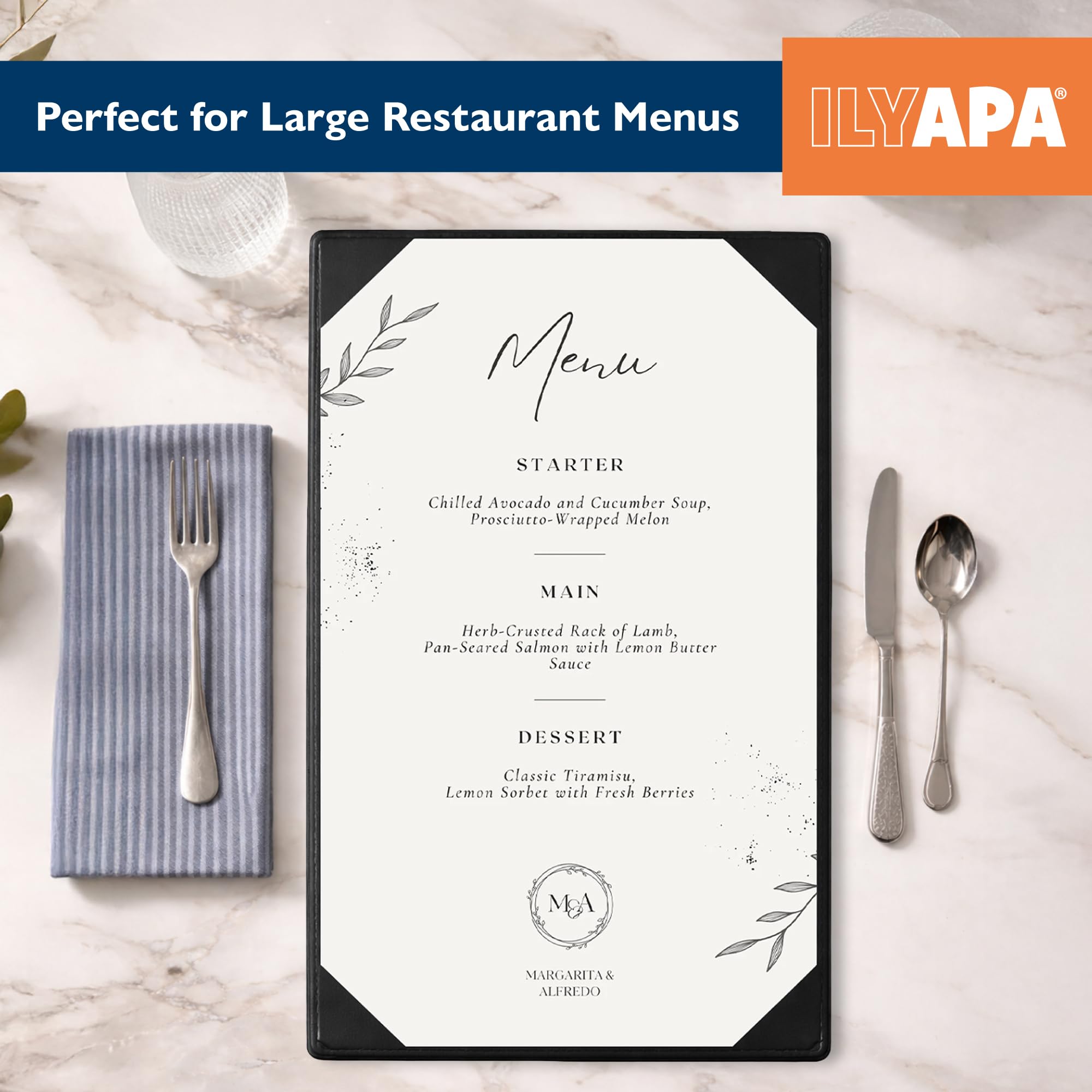 Ilyapa Paquete de 10 fundas para menú de restaurante de 11 x 17 pulgadas, soporte de menú de cuero de vinilo, libro de una sola cara con fundas de esquina para mostrar menús de boda, especiales