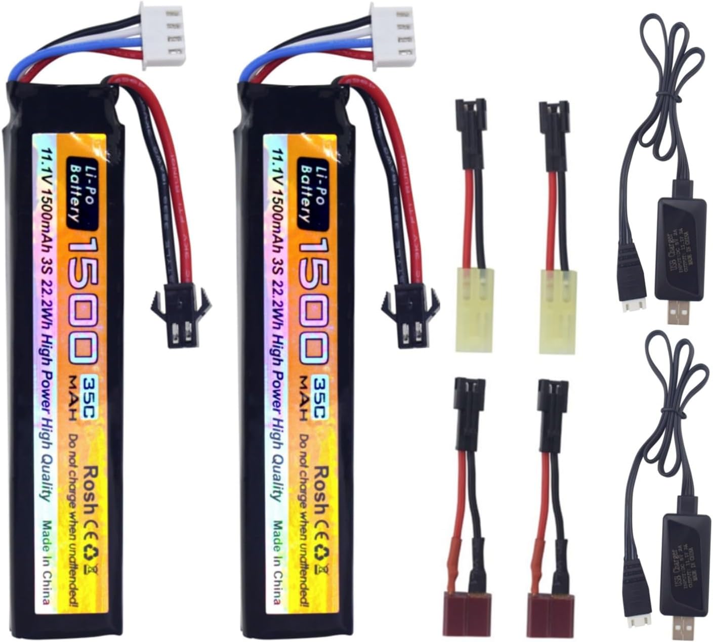 sea jump 2PCS 11.1V 35C 1500mAh with SM-2P Plug T Plug Otamiya Plug Lithium Battery with USB Charging Cable Suitable for Air Gun Model Gun Rifle Remote Control Car Drone Battery