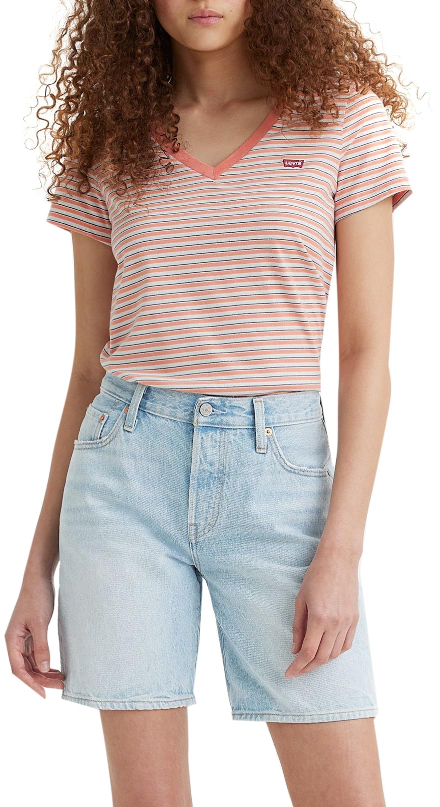 Levi's Women's Perfect V-Neck T-Shirt, Indigo Stripe Terra Cotta, XXS