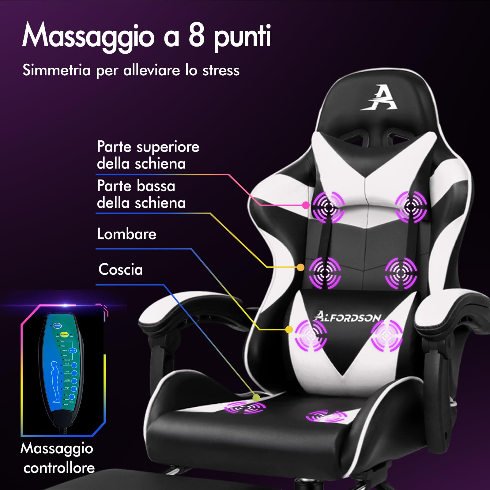 ALFORDSON Sedia Gaming Massaggiante, Sedia Professionale Gamer con Cuscino Lombare & Poggiatesta, Ergonomico Poltrona da Ufficio Schienale Regolabile 90-150°, Portata 180 kg, Similpelle(Bianca)