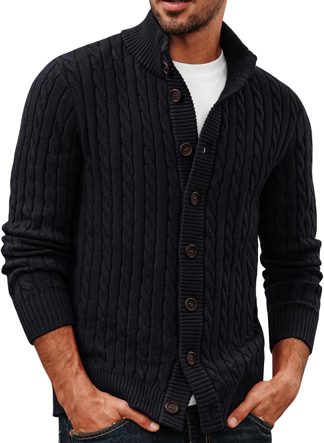 PJ PAUL JONES Mens Cardigan Sweater Button Up Stand Collar Sweater Knit Textured Sweaters