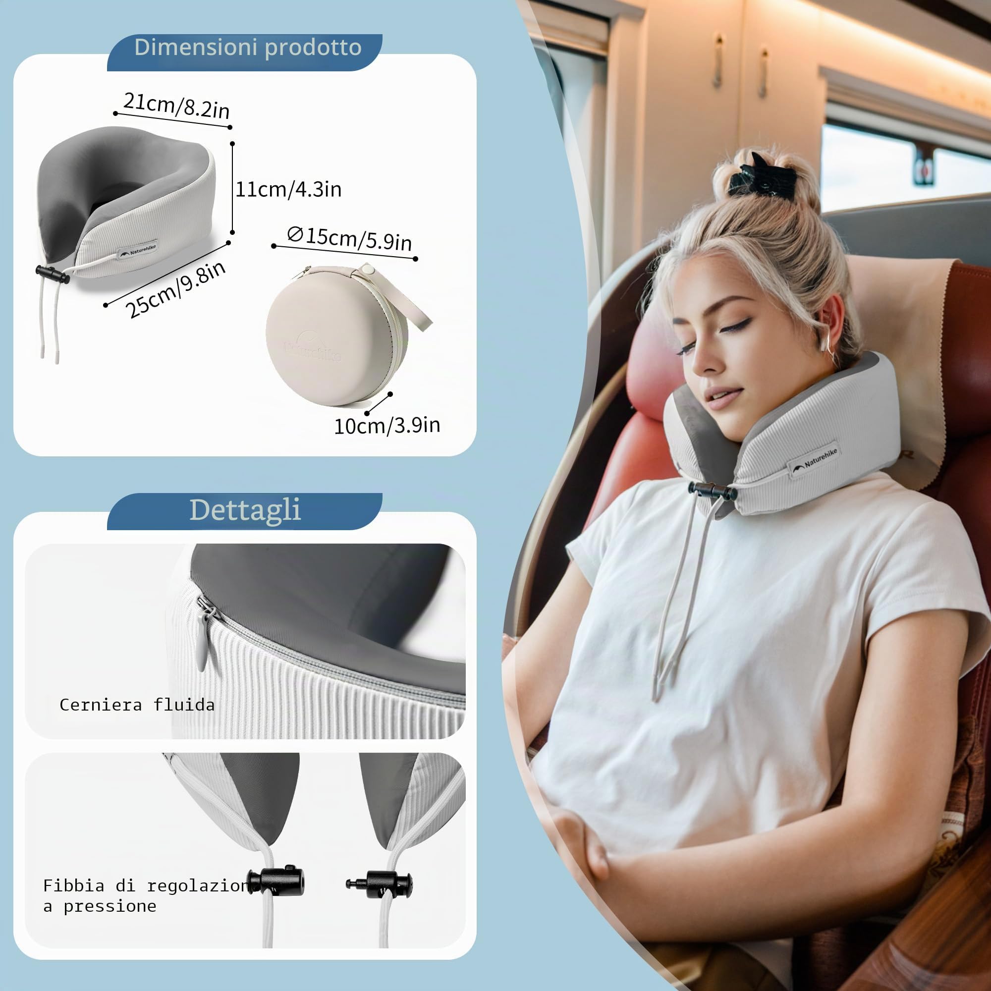 Naturehike Cuscino da viaggio portatile in memory foam, Cuscino cervicale per adulti, Cuscino cervicale ortopedico, Con borsa