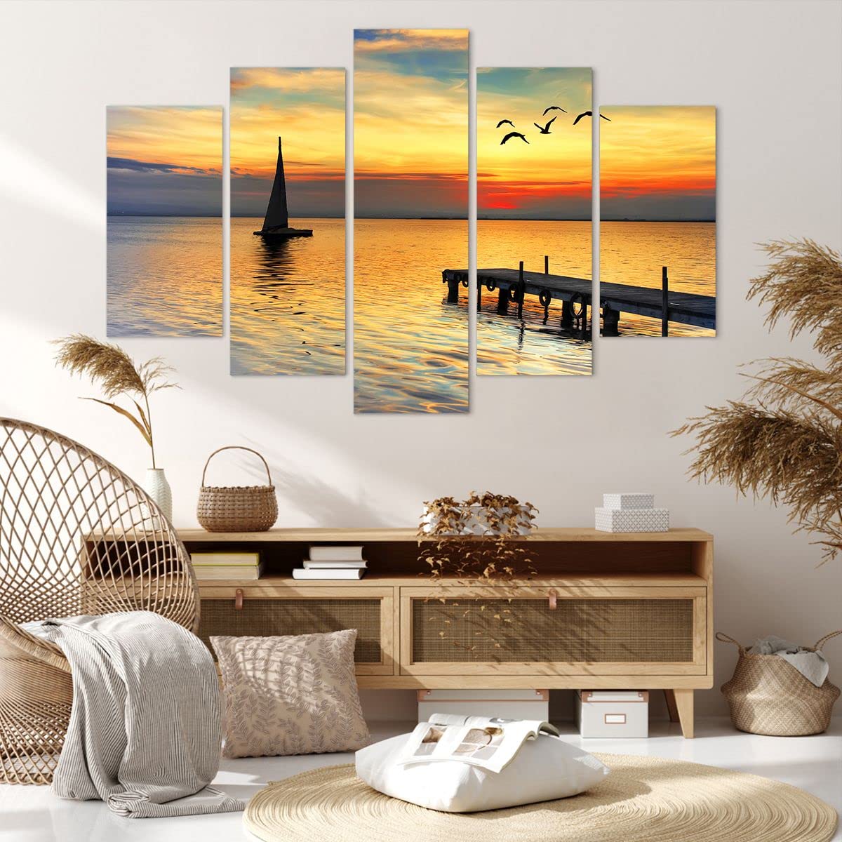Bilder auf Leinwand 150x100cm Leinwandbild Strand landschaft wasser brücke Groß XXL Wanddeko Bild Schlafzimmer Set 5 teilige Wandbilder Dekoration Wohnzimmer Canvas Wand Kunstdruck Art EA150x100-2535