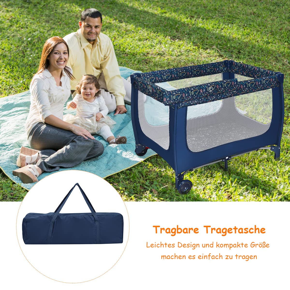 COSTWAY 2 in 1 Reisebett & Laufstall klappbar, 120 x 60cm Kinderbett, 2 Ebenen Babybett mit Matratze und Tragetasche (Blau)