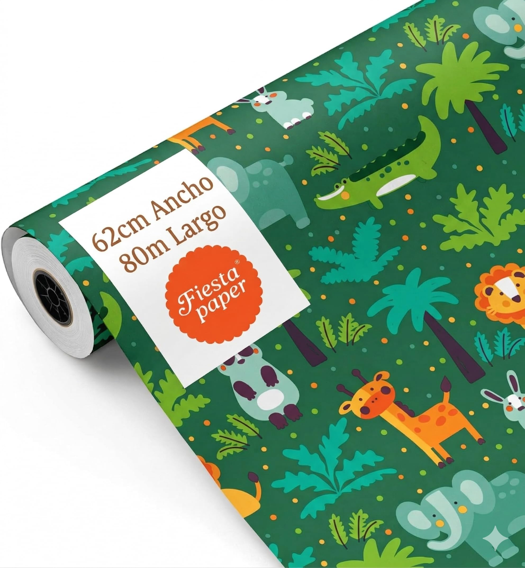Rollo de Papel Regalo Infantil Animales Selva 62cm x 80m Bobina Grande Resistente - Niños Cumpleaños Decoración - FP Fiesta Paper