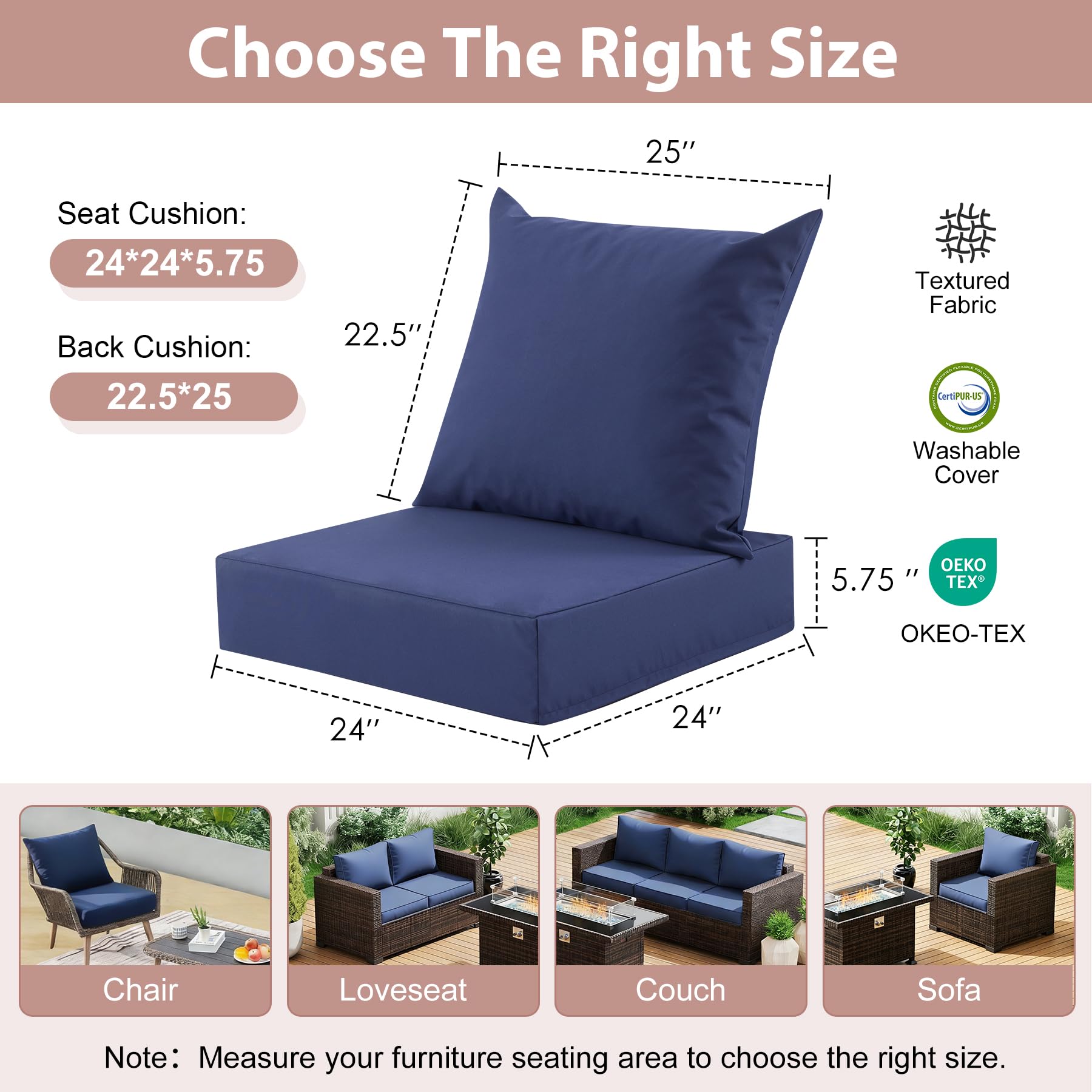 Condition photo showing New/Like New for outdoor deep seat cushion set, 24x24 inch water-resistant & fade-resistant outdoor chair cushions, patio furniture cushions with removable cover for patio chair, sofa,navy blue (set of 1)
