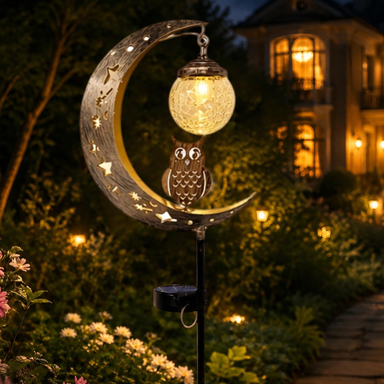 Moon Solar Garden Stake Light, Waterproof Half Moon LED Pathway Decor, Metal Solar Owl Garden Ground Light, Metal Crescent for Outside Yard Patio Lawn Outdoor Decor