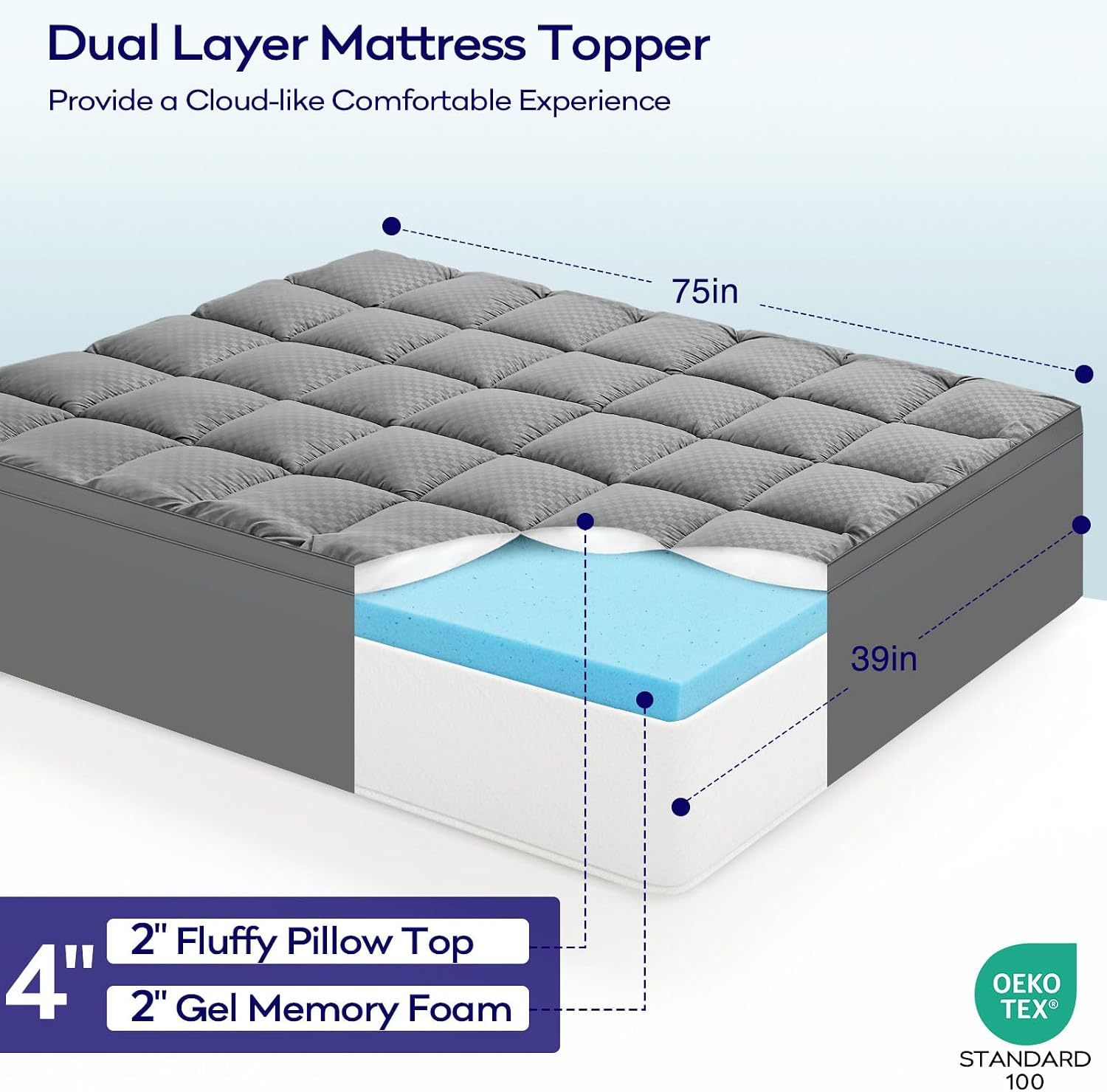 olanly dual-layer 4 inch twin size memory foam mattress topper for back pain, 2 inch cooling pillow top mattress pad cover and 2 inch gel memory foam topper, deep elastic pocket, grey grey twin