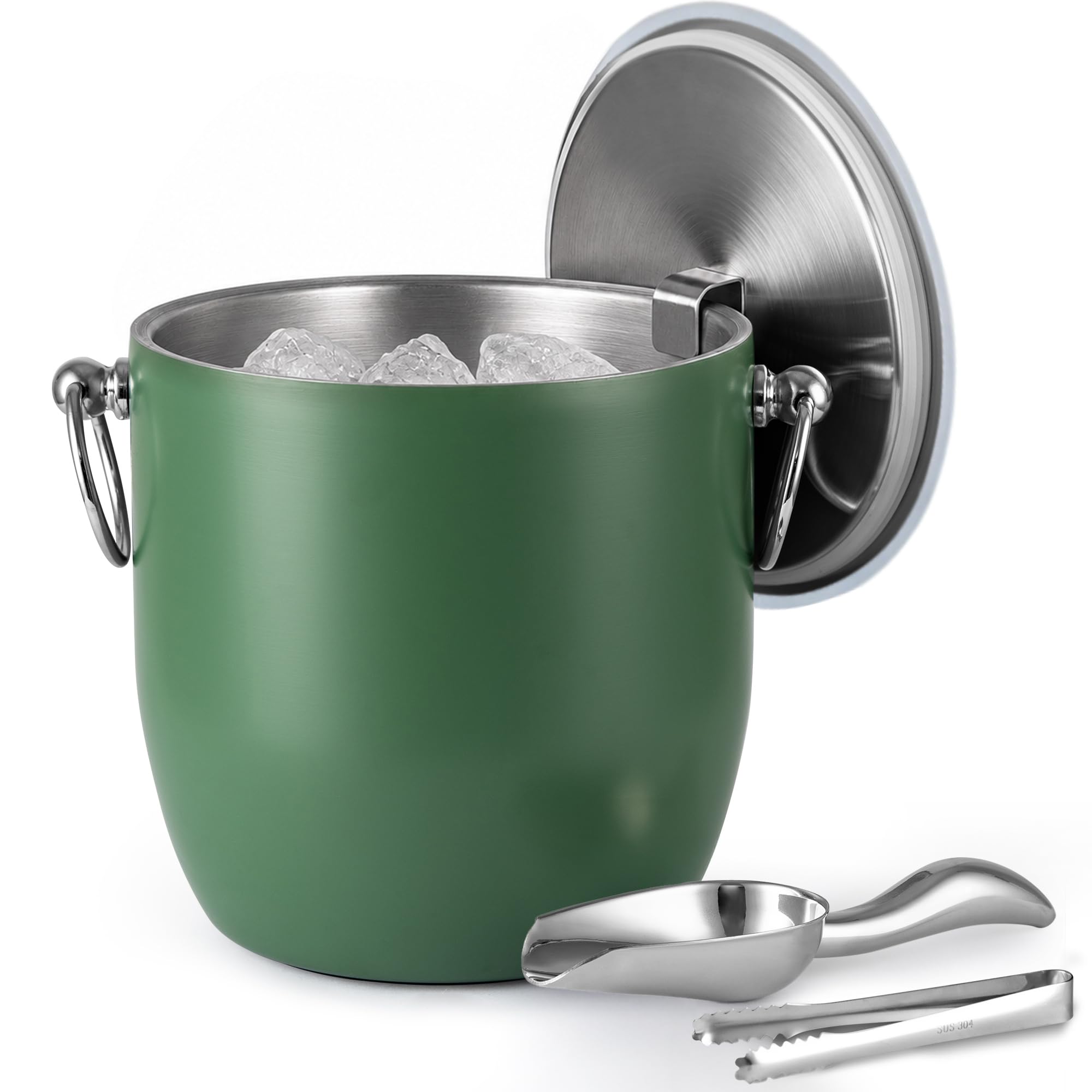 Seau à glace isotherme à double paroi en acier inoxydable de 3 L avec pince, couvercle, cuillère et passoire, seau à glace pour fêtes, bars à cocktails, bière rafraîchissante, champagne