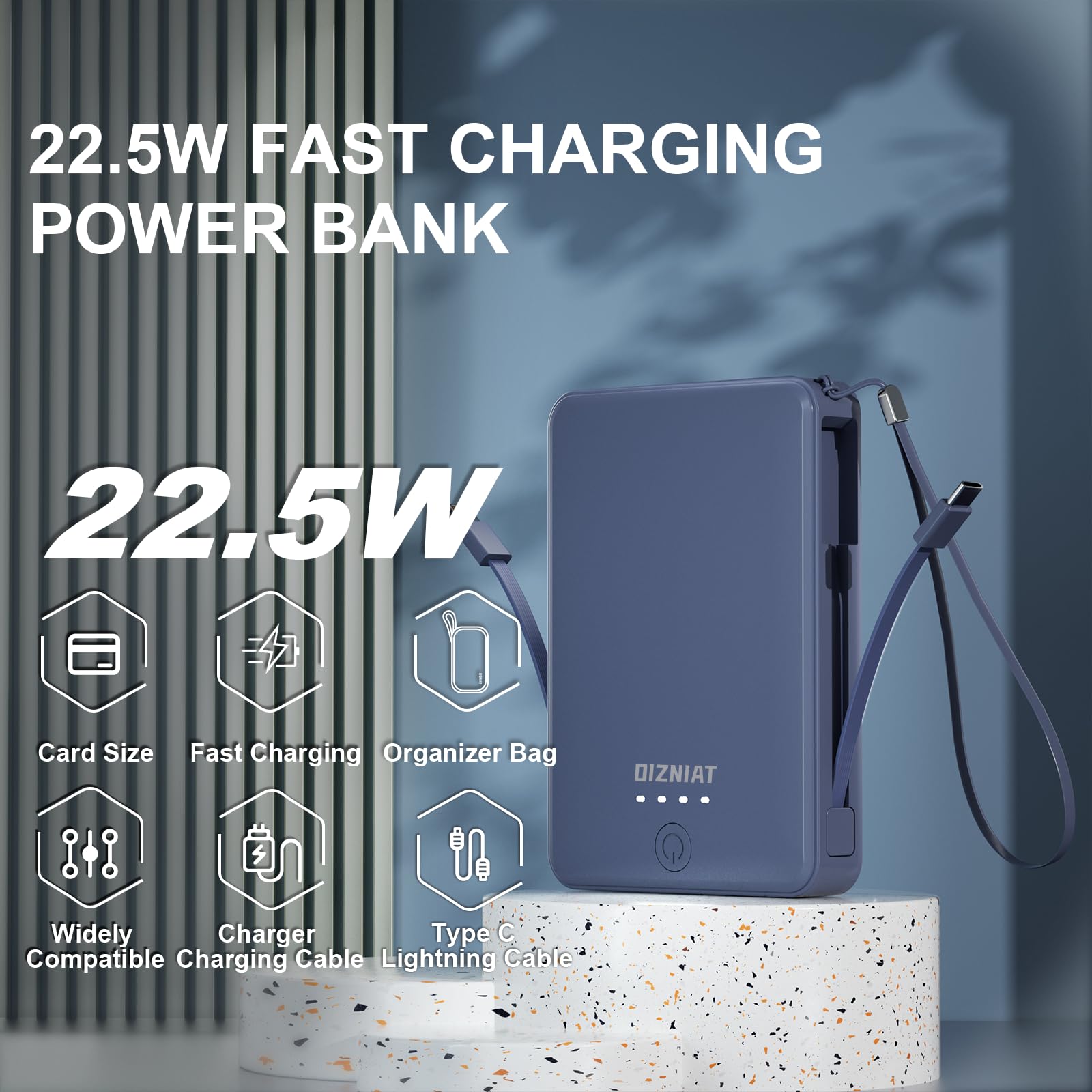OIZNIAT Power Bank Portable Charger 10000mAh Ultra Slim PD 22.5W Fast Charging with Built in USB C and ?Lightning Cable 4 Outputs Power Bank for iPhone 11/12/13/14/15/16 Android-Blue