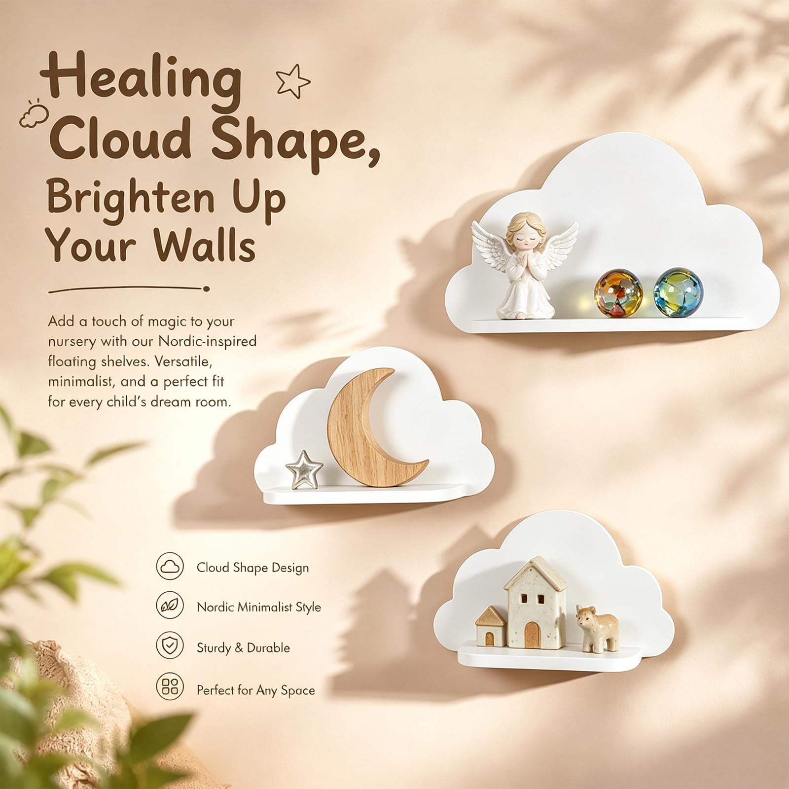 Kinderzimmer deko 3er Set Wandregal Wolke Niedlich, Aufbewahrung für Babyzimmer Kinderzimmer Junge Mädchen, für Bücher Spielzeug Figuren, Holz Weiß