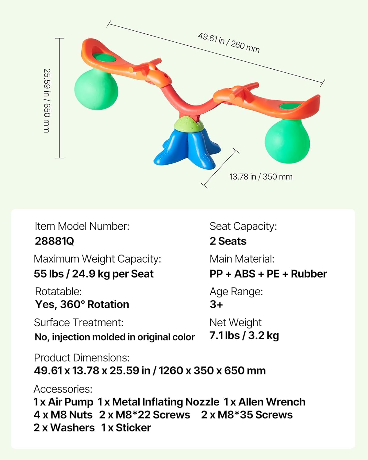 VEVOR Seesaw Teeter Totter for Kids Outdoor, 55 lbs Load Capacity per Seat, Sit and Spin Teeter Totter with Handles, Playground Equipment with Swiveling 360 Degrees Rotating for Aged 3+, Multi Colored