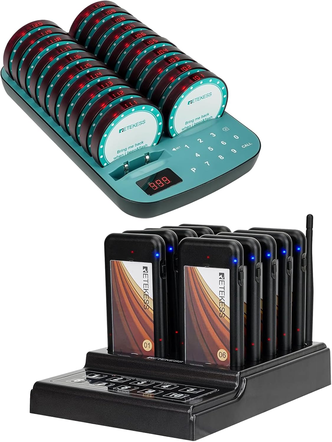 Retekess TD174 Restaurant Pager System Long Distance with 10 Pagers Bundle with Retekess TD167A Restaurant Vibrating Pagers with 20 Coaster Pager