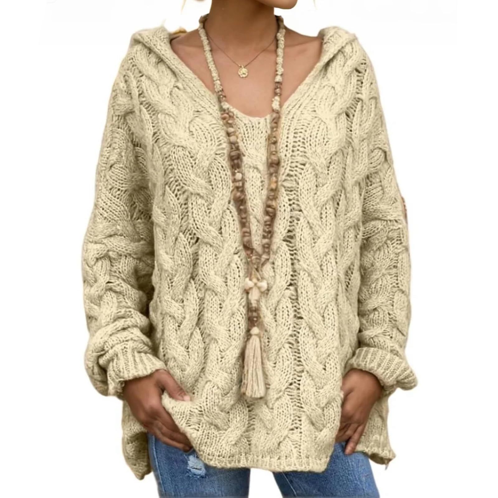 Cable Knit Sweater Women Solid Color Hooded Knit Sweaters Woven Floral Pullover Tops Long Sleeve Lightweight Jumper