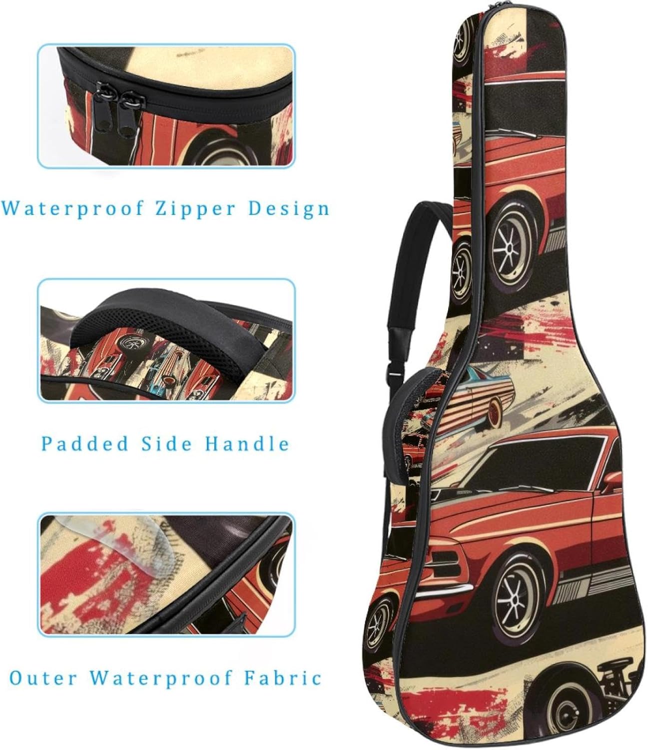 40 41 42 Inch Guitar Bags, Waterproof Padded Acoustic Guitar Case Backpack with Adjustable Shoulder Strap & Pockets, Cars Colorful Seamless Pattern Vintage Style