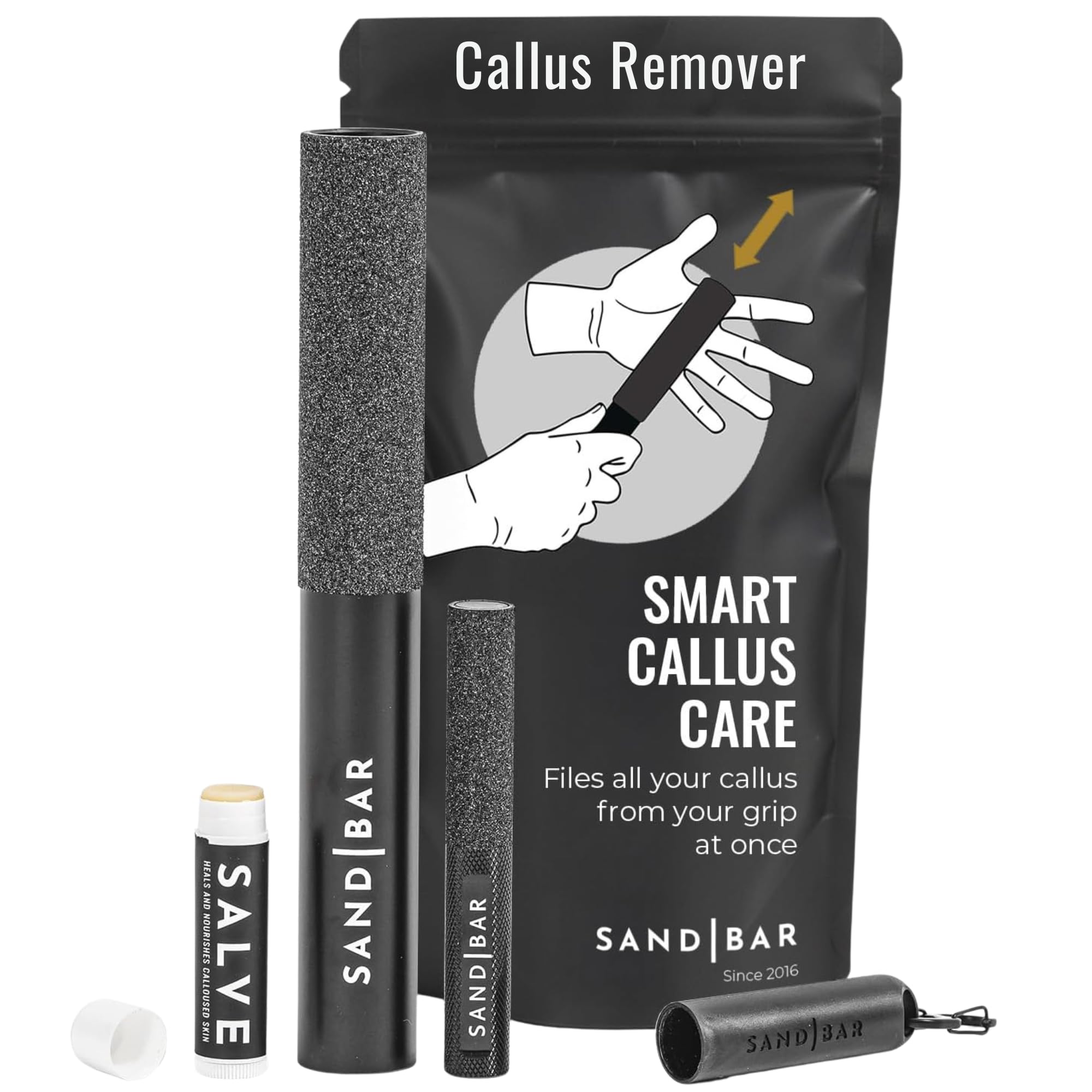 SandBar Ultimate Callus Remover Set - 4" &amp; 8" Files with Moisturizing Salve Balm Stick - Elevating Athletes, Weightlifters &amp; Rock Climbers for Smoother Hands &amp; Feet - Gold (Black) (Flat Black Bundle)