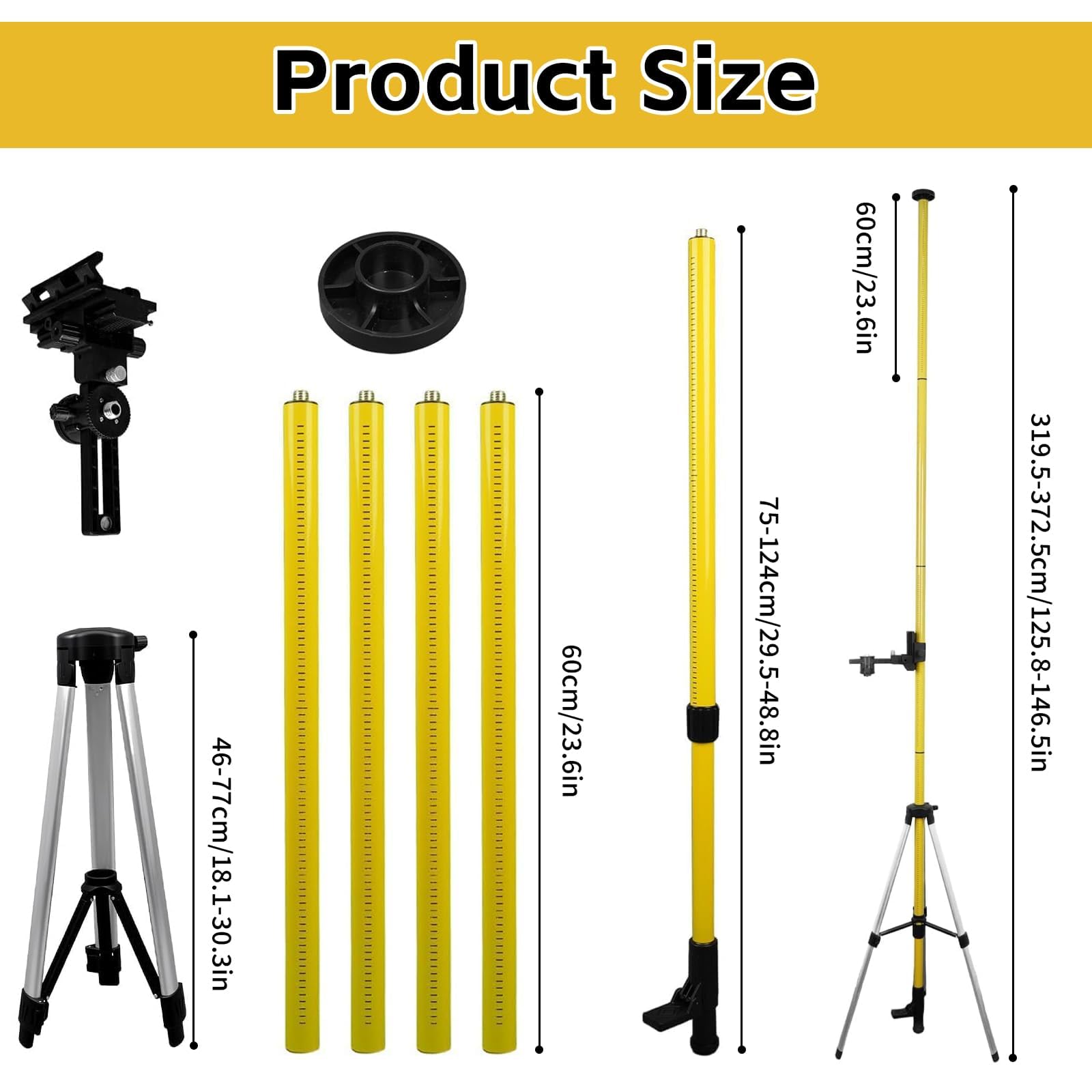 Poste de nivel láser, trípode telescópico de 3,7 m con soporte láser de 1/4 pulgadas por 20 pulgadas para láseres giratorios y de línea, telescopio ajustable