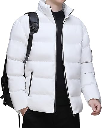 Mens Windproof Short Zipper Down Coat Warm Lightweight Quilted Puffer Jackets Bubble Insulated Filled Jacket White,XX-Large