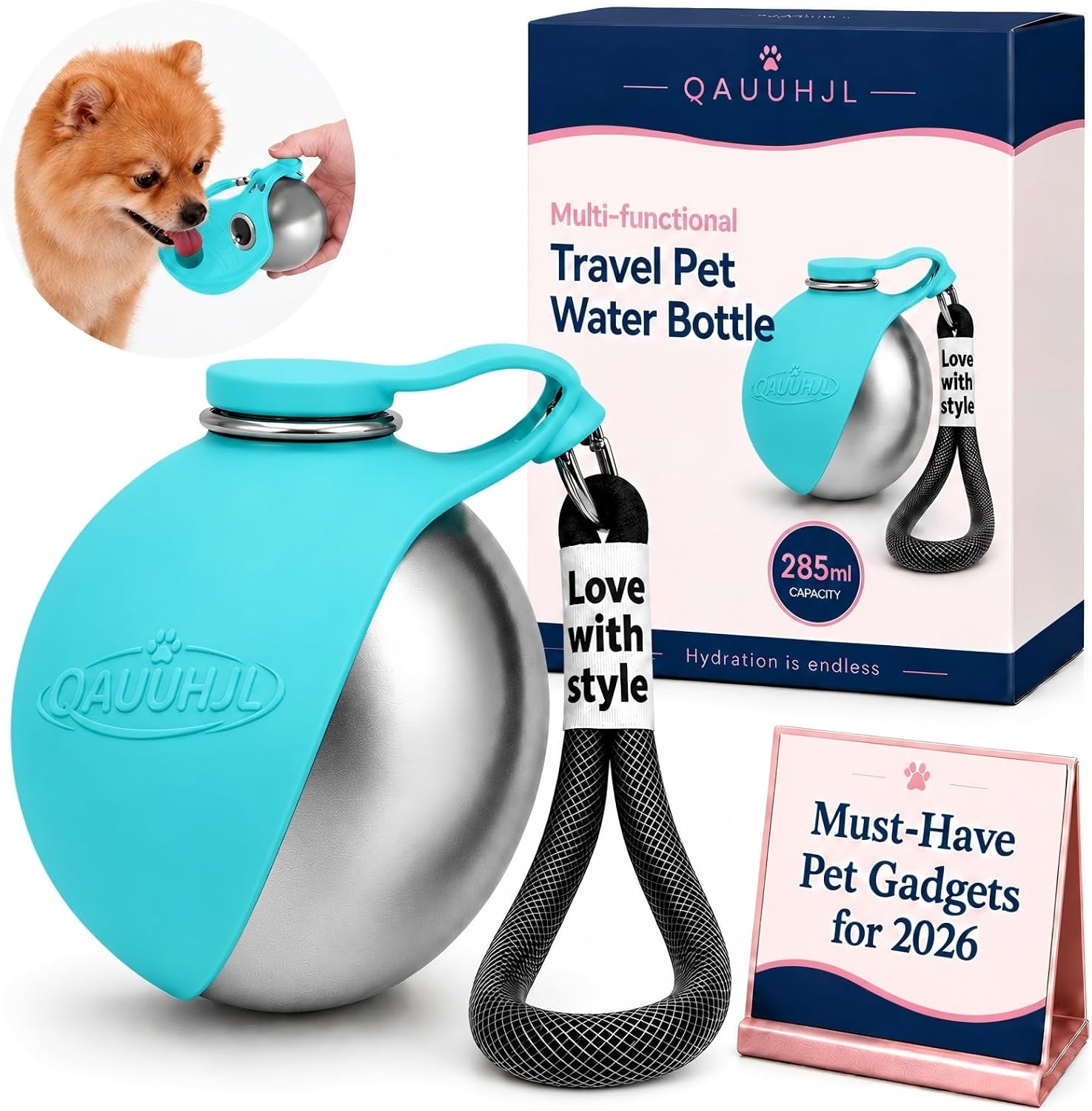 Dog Water Bottle Portable Travel Pet 2-in-1 Stainless Steel Bowl | Dispenser Leak Proof Hydration with Easy Carry Lanyard for Walking Hiking Camping Outdoor Adventures Small Medium Dogs