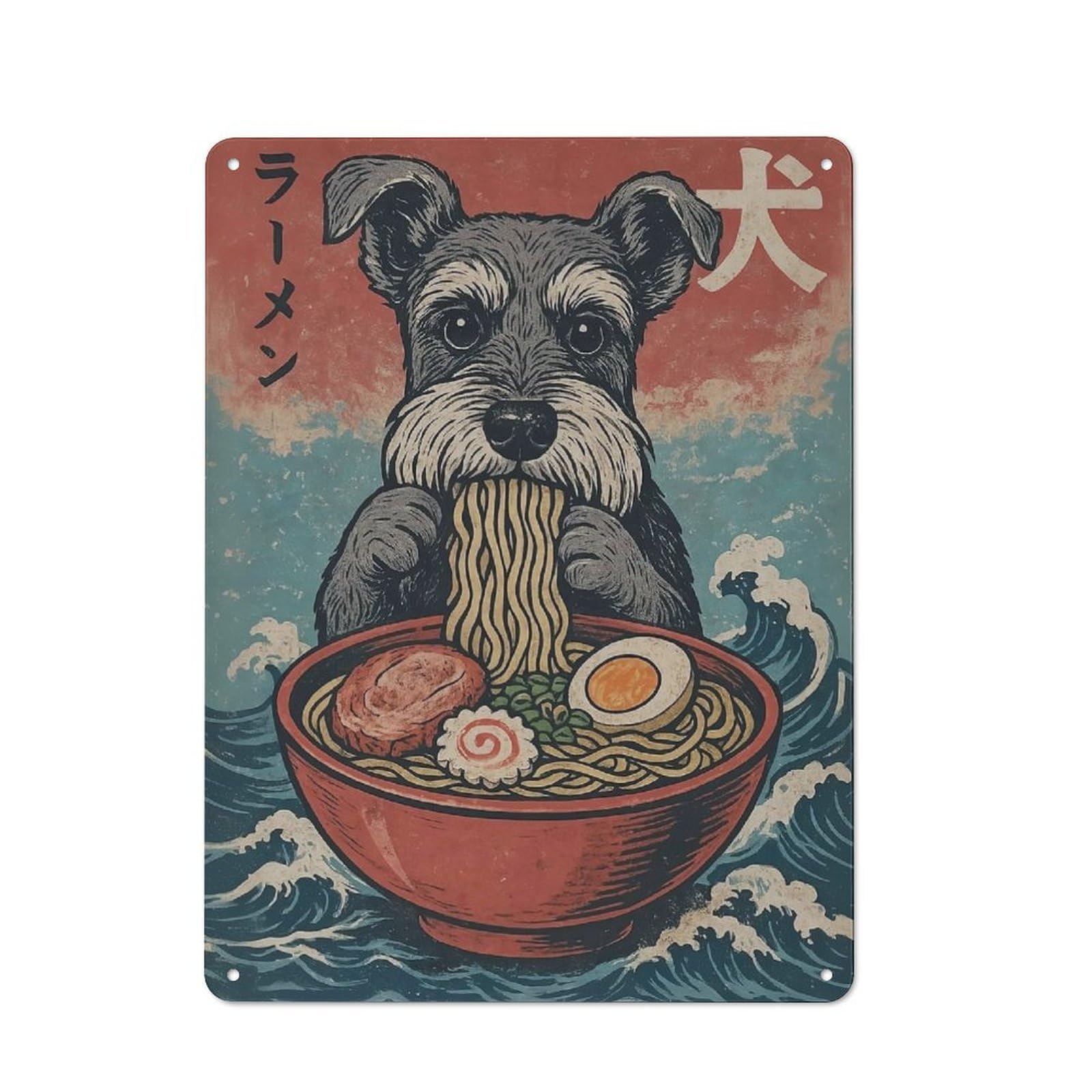 Modern Retro Metal Wall Art Sign 40x30cm Featuring Schnauzer Eating Ramen, Urban Room Decor for Workspace, Cafe, Hallway Or Garage