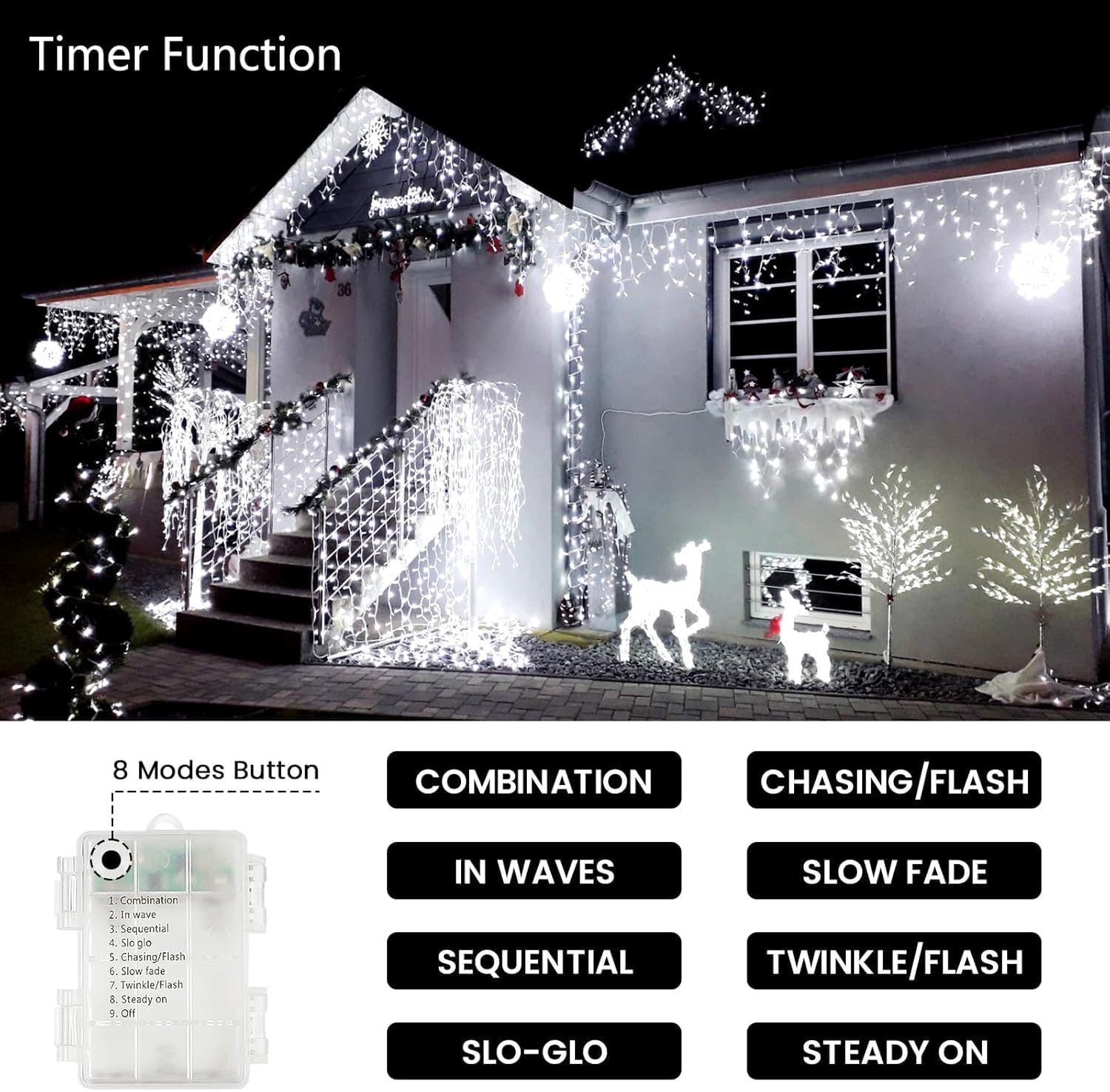 Paquete de 4 luces de cadena que funcionan con pilas con temporizador, 400 luces LED impermeables parpadeantes, 8 modos de luz de hadas para interiores y exteriores, fiesta, dormitorio, porche, árbol