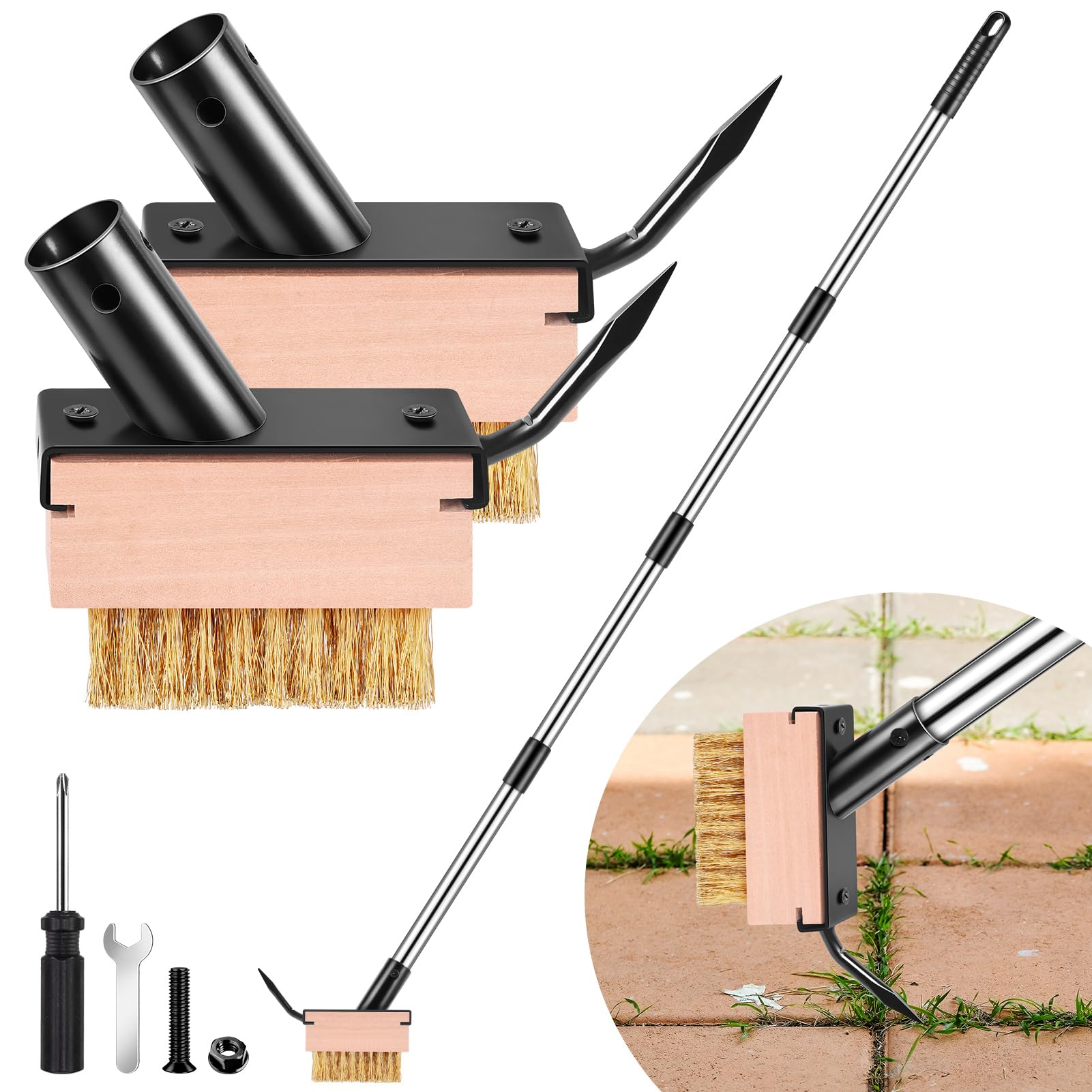 Paver Weeding Puller Tool with 2 Weed Remover Brush Heads,Crack Weeder Tool,Moss Out Crevice Cleaner,Steel Long Handle Weeder Scraper Cleaning Tool for Concrete Decks Pavers Patios Walkways