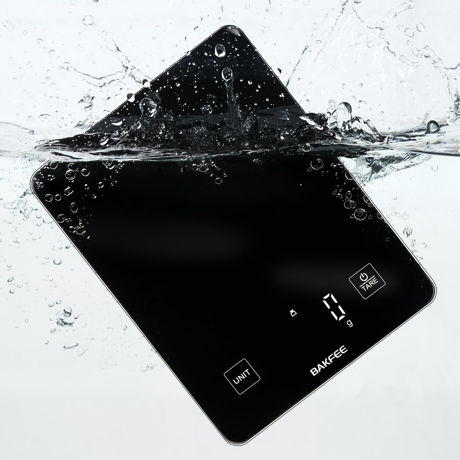 BakFee 10kg Rechargeable Digital Kitchen Scale, IP67 Waterproof Food Scale with 1g Precision, USB Rechargeable, LED Display, Tempered Glass Surface, for Baking, Cooking, Making Sourdough Bread. Black