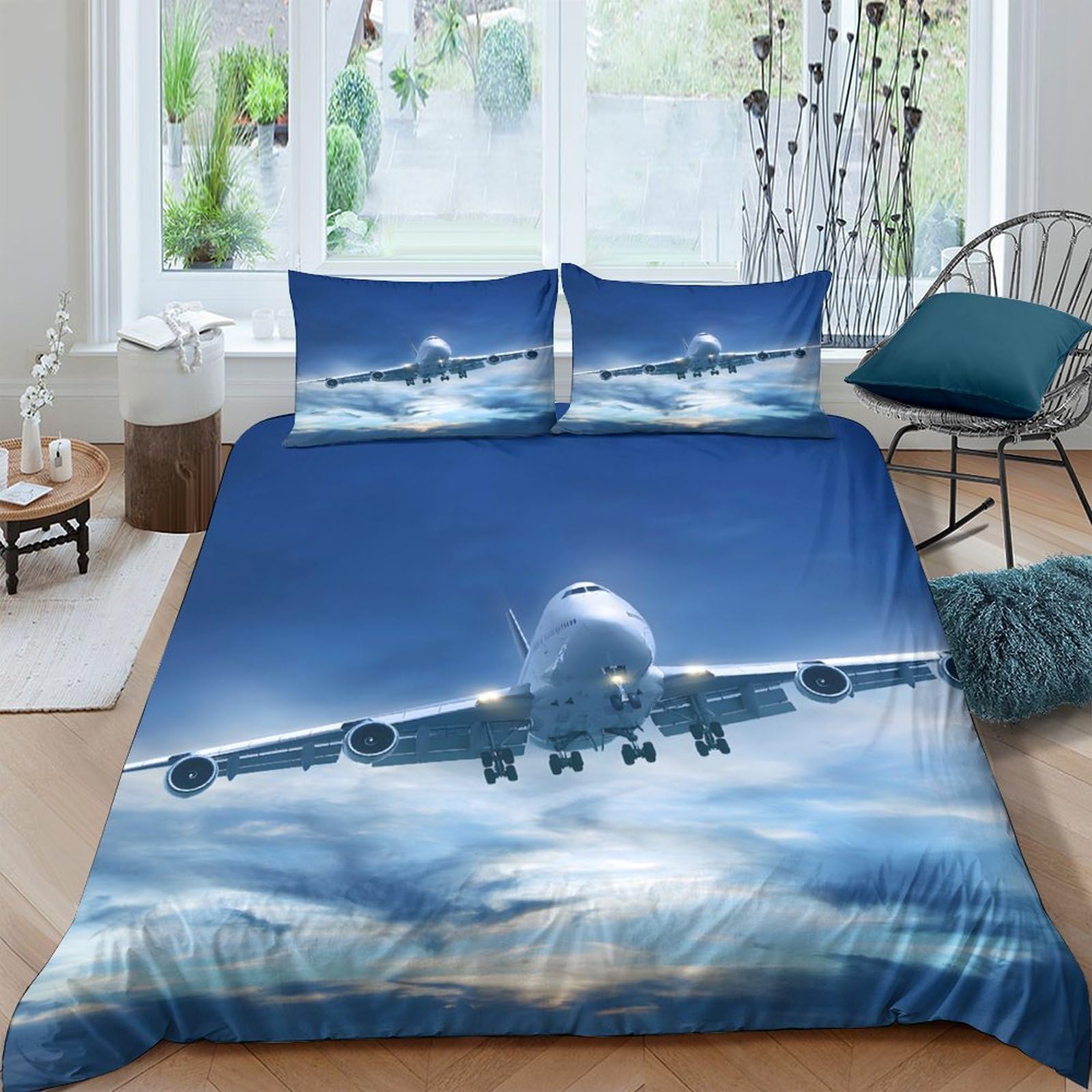 Ctjqhvkz Style-8 3D Printed Blue Sky Airplane Fitted Sheet Microfiber Soft Breathable Cloud Bed Cover For Bedroom Dorm Mattress Protection Decor Single（135X200cm）