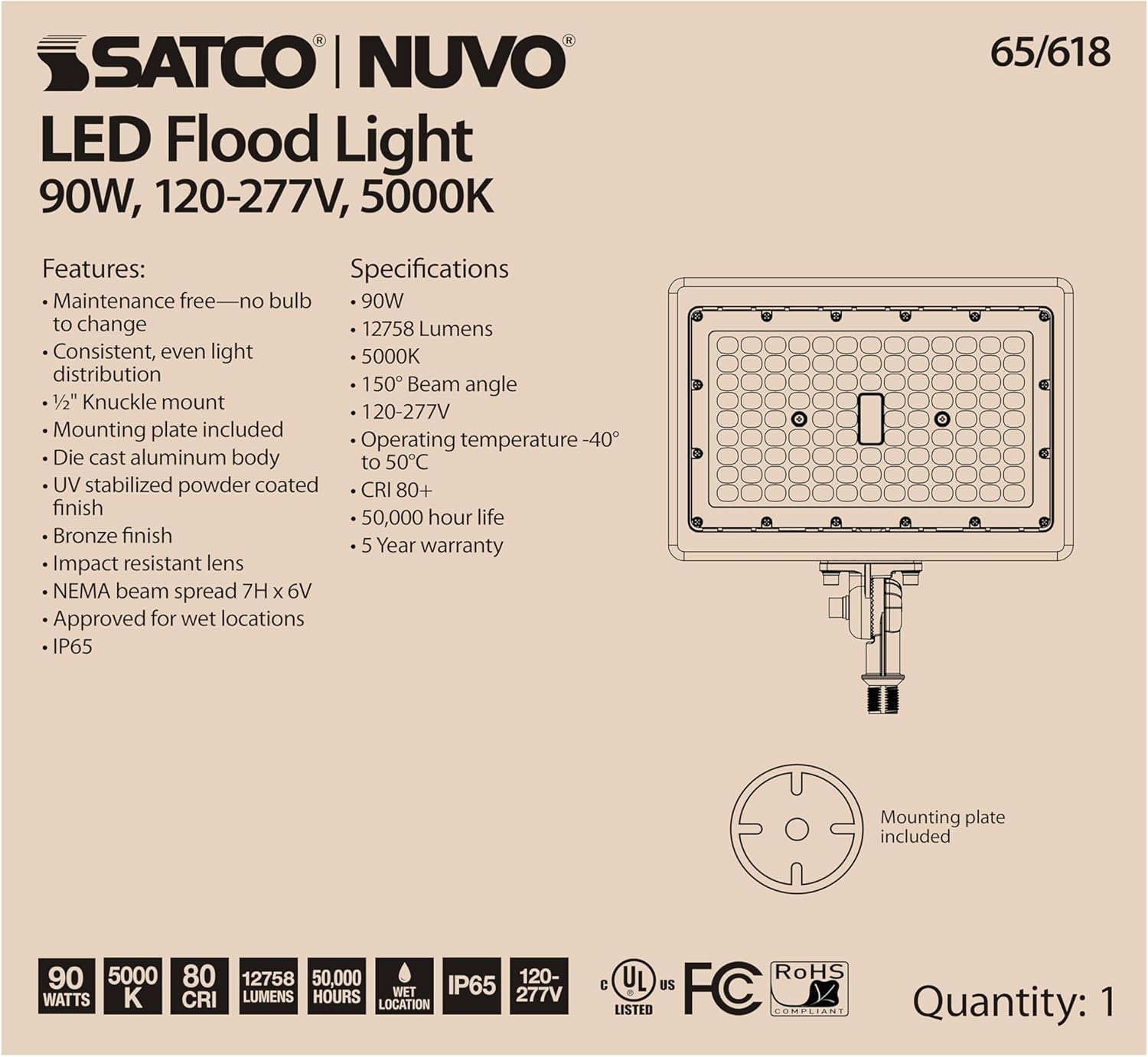 Nuvo Lighting 65/618 11.5 Inch 90W 5000K 1 LED Flood Light, Bronze Finish