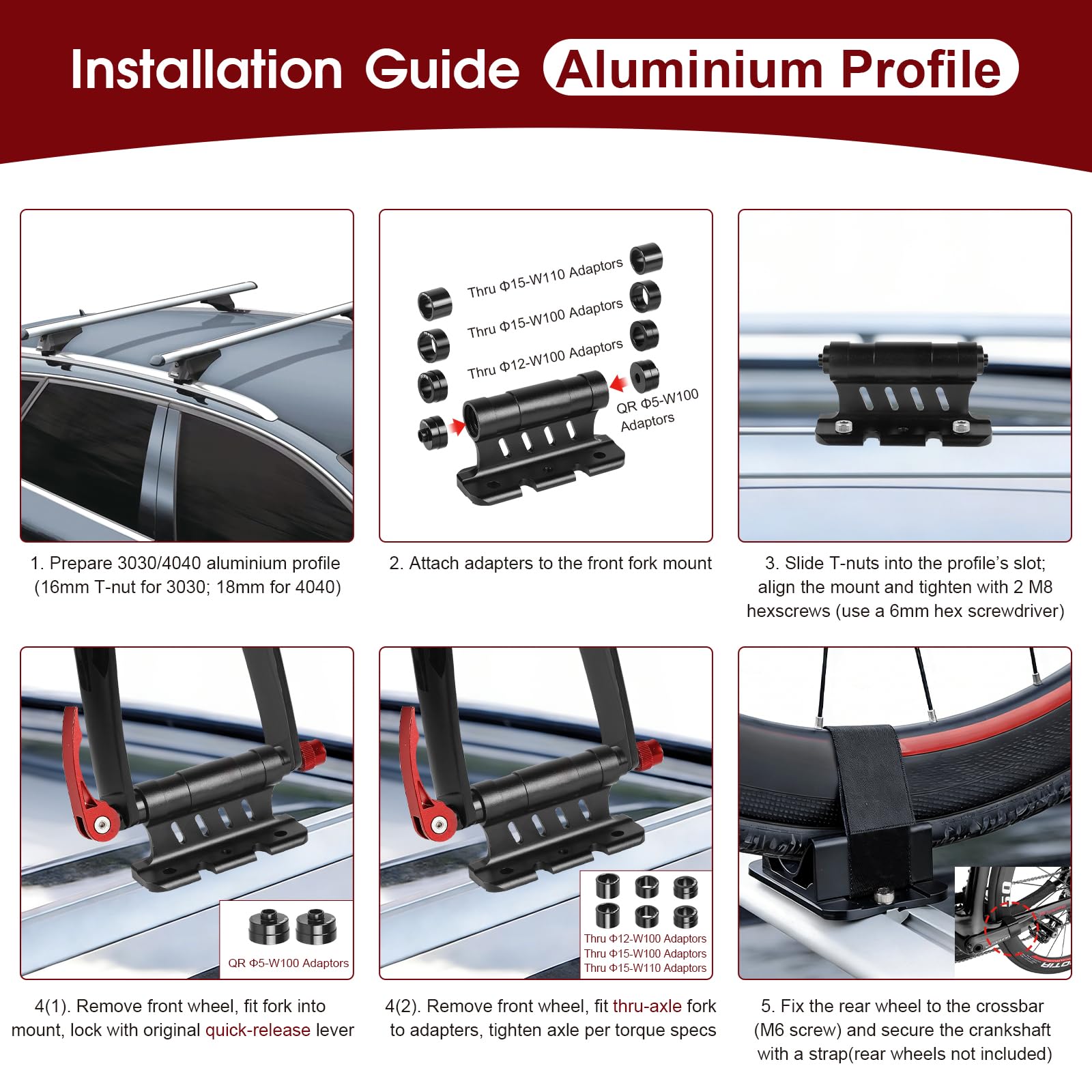 2 Stück Fahrradgabelhalterung Aluminiumlegierung Auto Fahrrad Dachträger Gabelhalterung Unterstützt Schnellspanner-/Thru-Axle-Montage für Ø5/12/15x100mm 15x110mm zur Outdoor-Reisen & Transport - 5