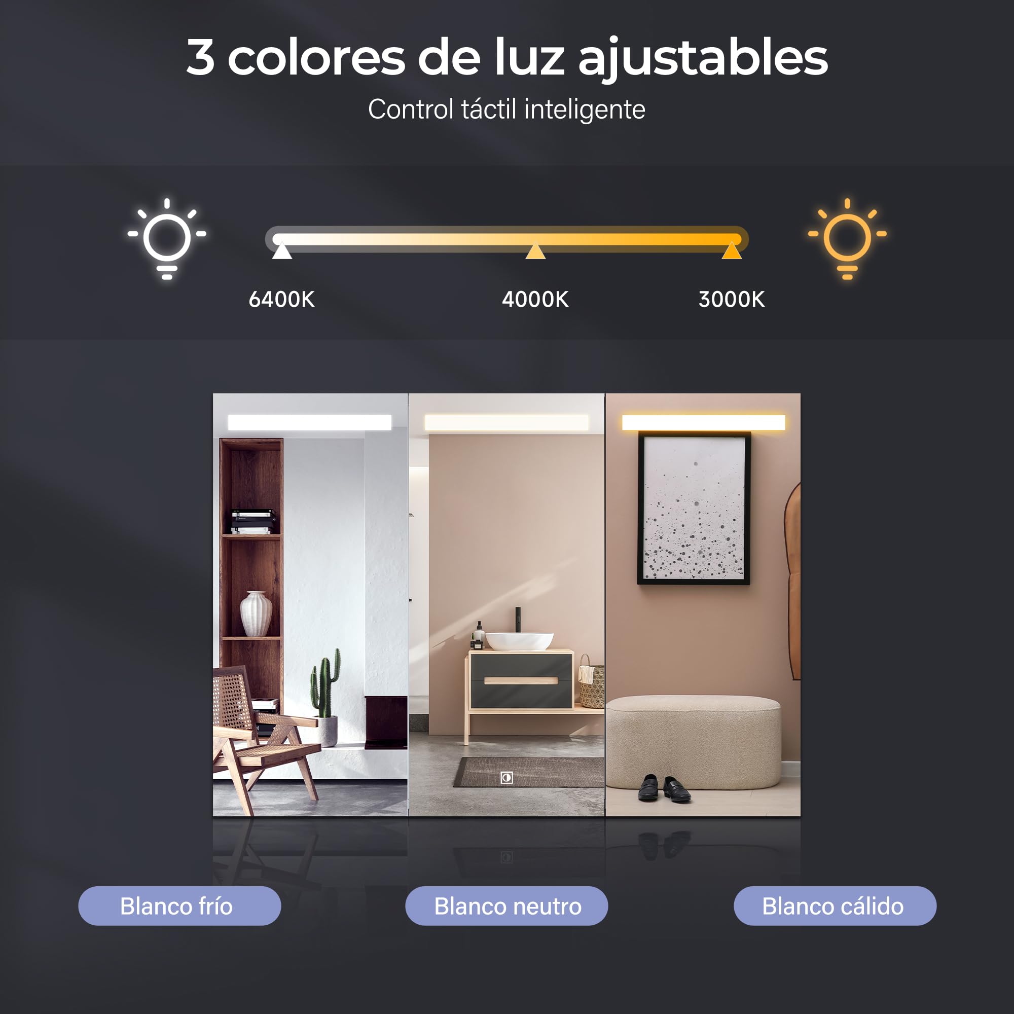 SONNI Armario Espejo Baño con Luz 90 x 65 cm Bisagra Conductora Interruptor Táctil 3 Puertas,Espejo de Baño con Armario y LED,Acero Inoxidable Enchufe para Afeitadora 6 Estantes