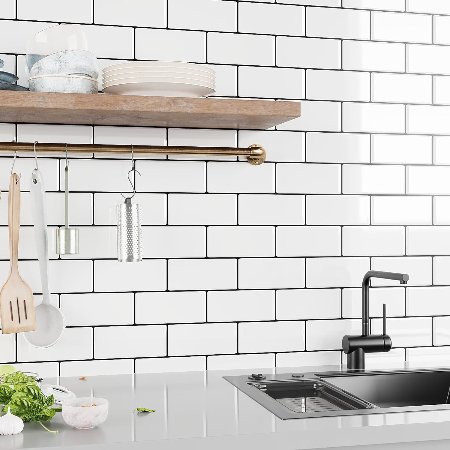 VEELIKE White Subway Backsplash Tile with Black Grout Peel and Stick Backsplash for Kitchen 24 Sheets Adhesive Waterproof White Ceramic Wall Tiles Peel and Stick for Bathroom Laundry Room 12''x12''