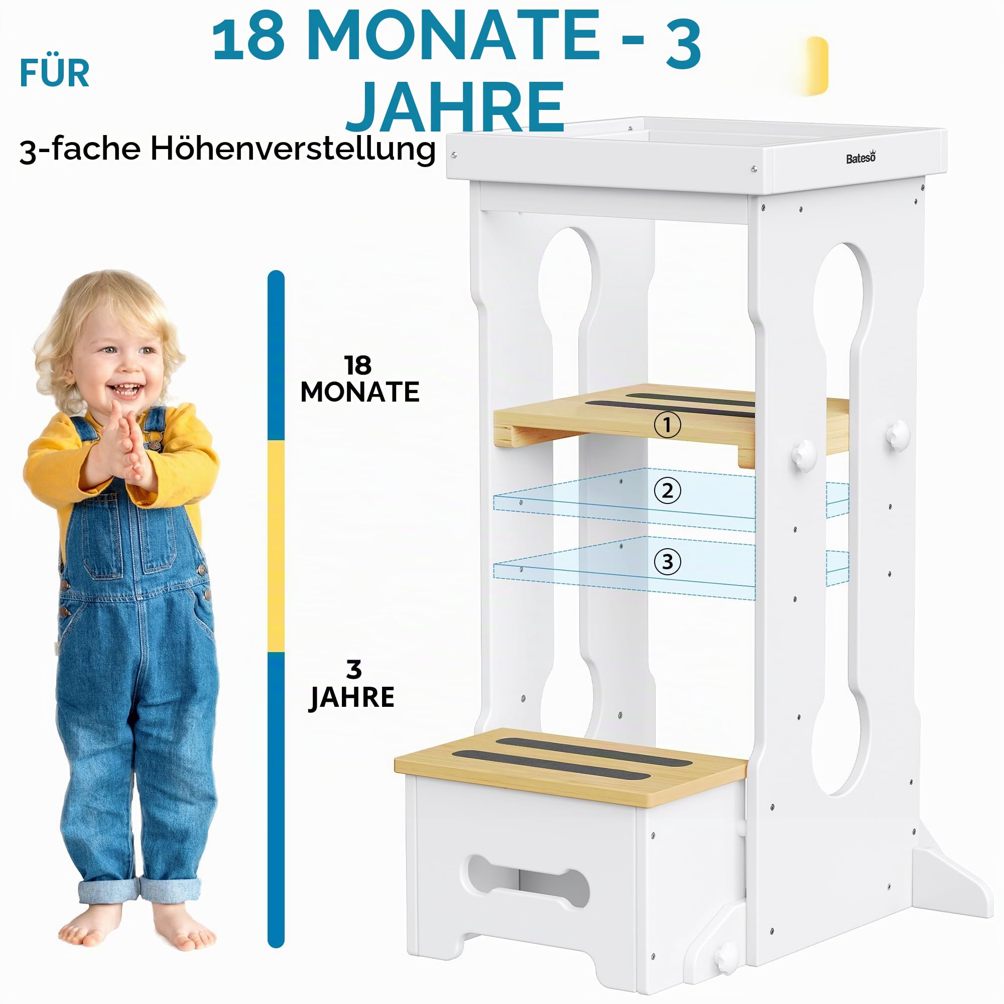Bateso Holz Lernturm für Kinder mit 2 Abnehmbaren Schutznetzen, 4 Höhenverstellbarer Küchenhocker mit Rutschfesten Matten, Tritthocker für Kleinkinder 1-3, Kleinkind-Tritthocker für Küchentheke - Weiß