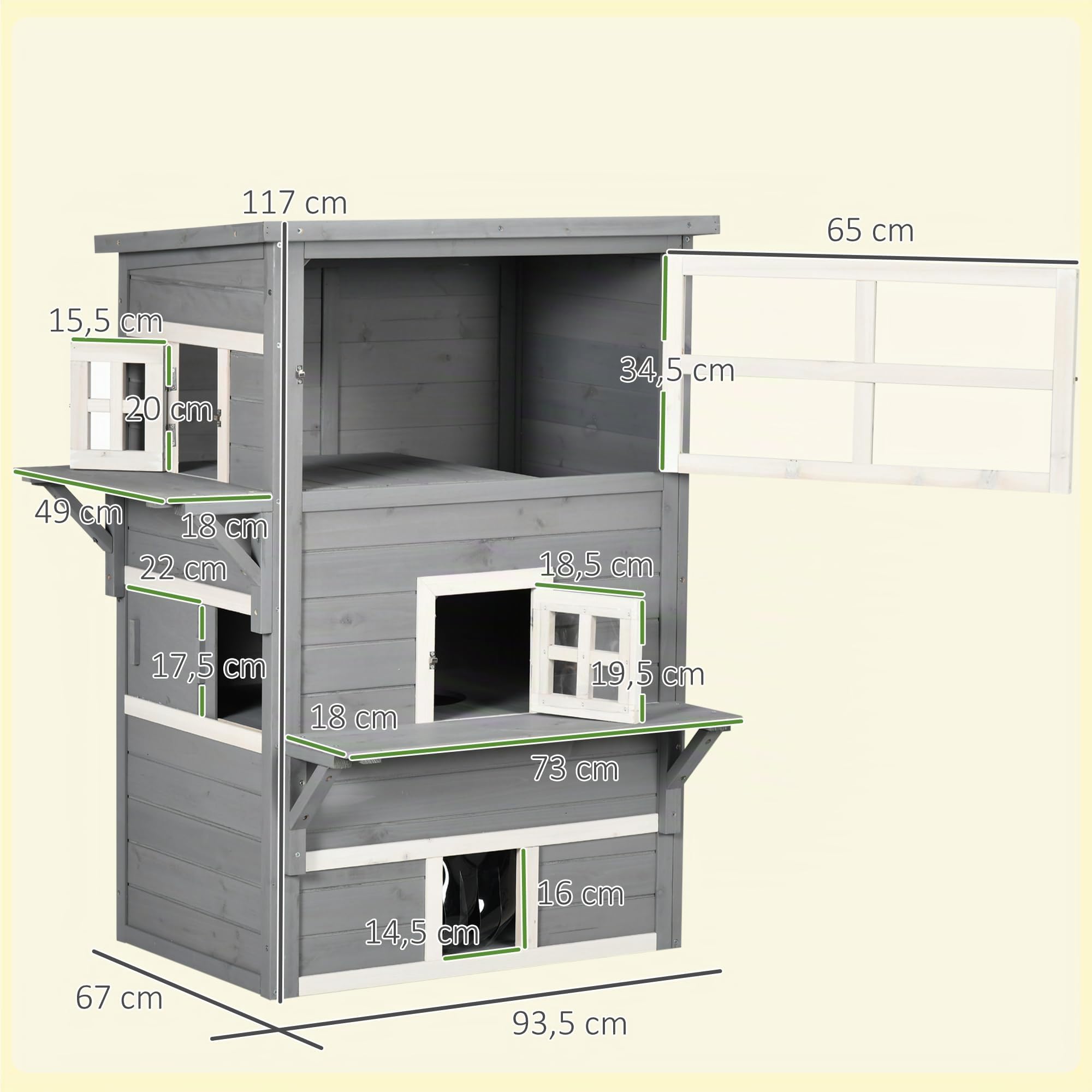PawHut Caseta para Gatos de Madera 98x68,5x122 cm Grande 5 Puertas Gris | Casa para Gatos, 3 Niveles, 2 Plataformas, Terraza Balcón Jardín