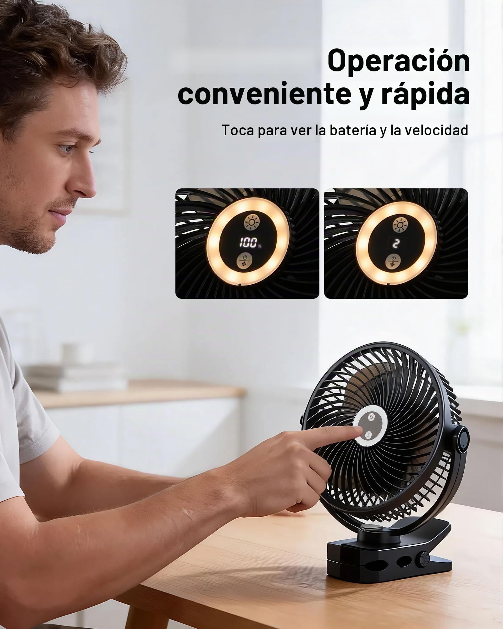 VEVOR Ventilador Portátil con Clip con Luz LED 2 Niveles, Batería 37 Wh, 4 Velocidades 3 Fijas y 1 Modo de Circulación, Control Táctil, Ventilador con Pinza USB-C para Viaje Camping Escritorio Oficina