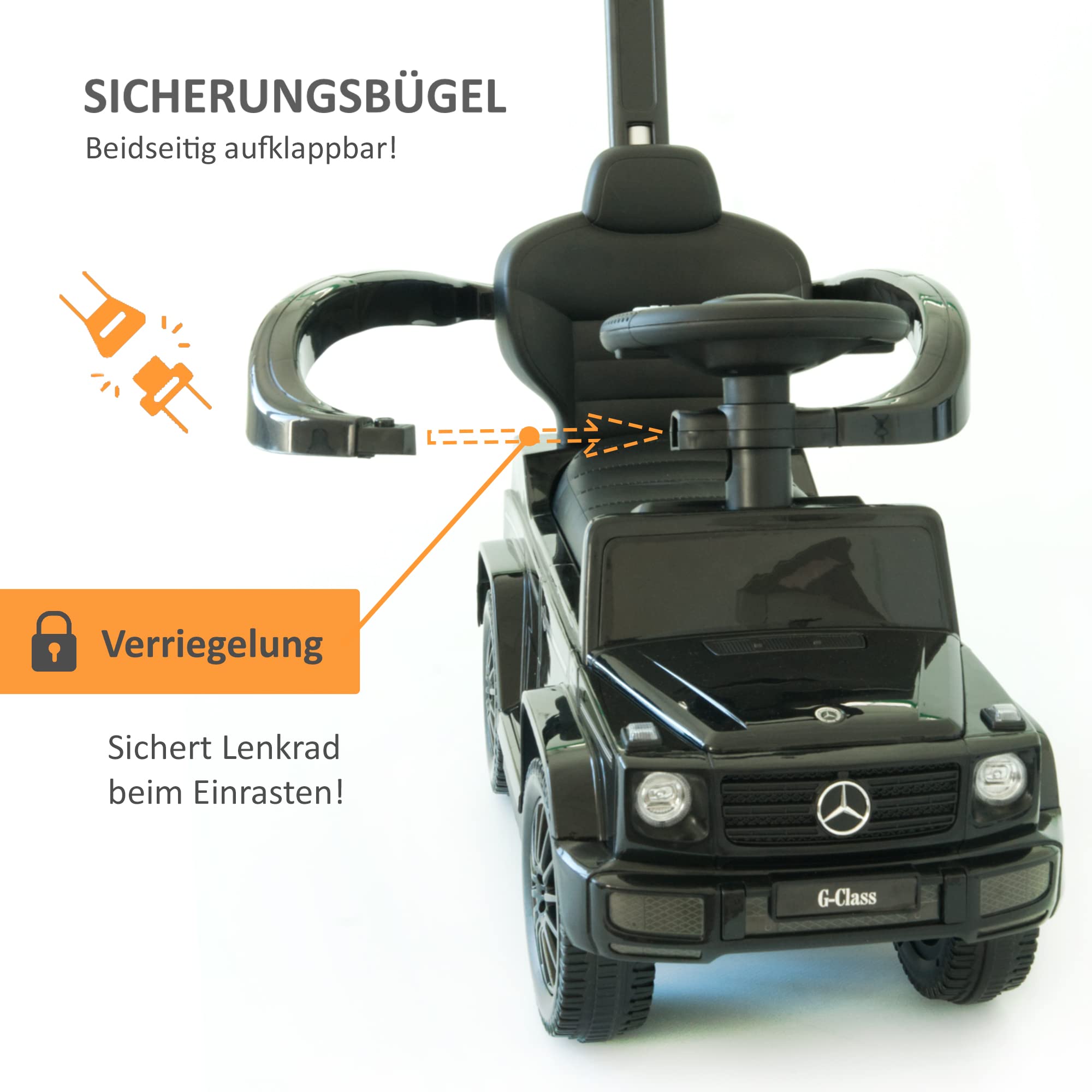Lemodo Rutschauto mit Schiebestange ab 1 Jahr, Mercedes G350d Rutscherauto mit Sicherheitsbügel, Fußablage, Kippschutz, Sound-Lenkrad & Stauraum, Kinderfahrzeug für drinnen und draußen bis 25 kg