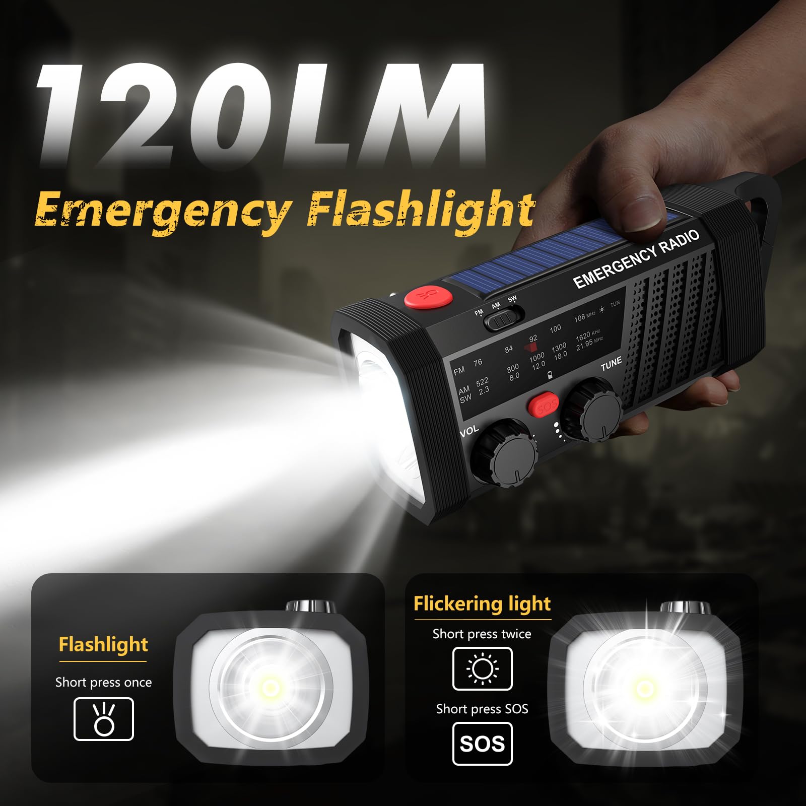 Radio de Emergencia Portátil, Radio Solar y a Pilas, Radios Emergencia con Manivela, Radio Dinamo Am/FM/SW, Linterna y Alarma SOS, Ideal para Kit de Supervivencia y Camping (7400 mWh