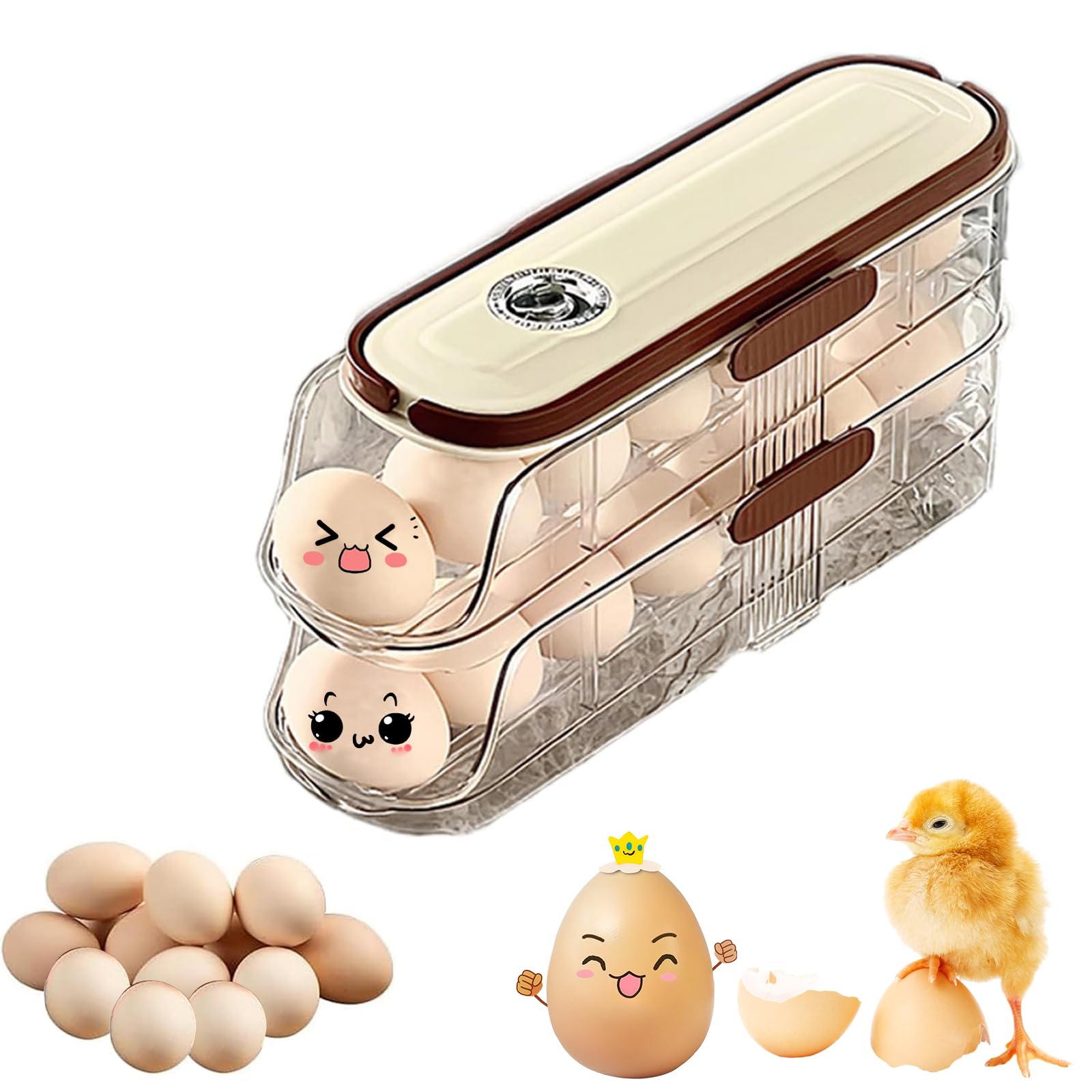 Egg Holder for Fridge with Lid, Auto Rolling Egg Holder, 2 Tier Egg Storage with Handle Stackable Egg Holder Storage Plastic Eggs Organizer Eggs Dispenser Holds 14 Eggs for Kitchen, Refrigerator
