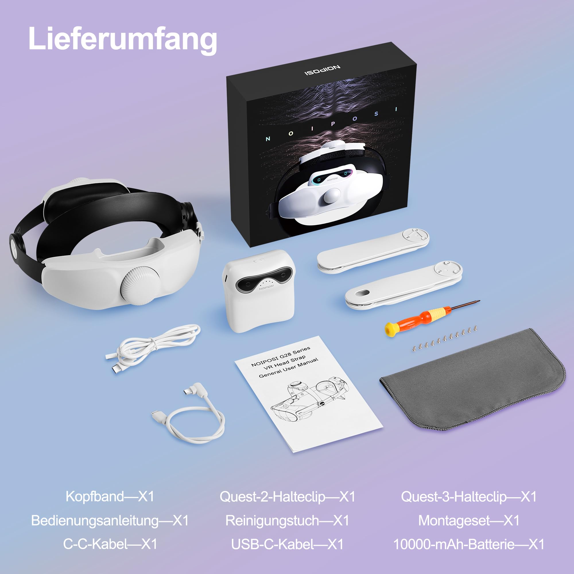 Noiposi Sangle de casque avec batterie de 10 000 mAh pour Meta Quest 3s/3/Quest 2, double bouton Elite Strap de rechange, bande d'accessoires pour casque VR Support et confort améliorés et pression
